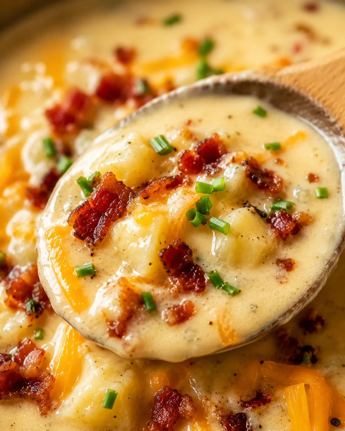 Close-up of creamy loaded baked potato soup garnished with bacon and chives