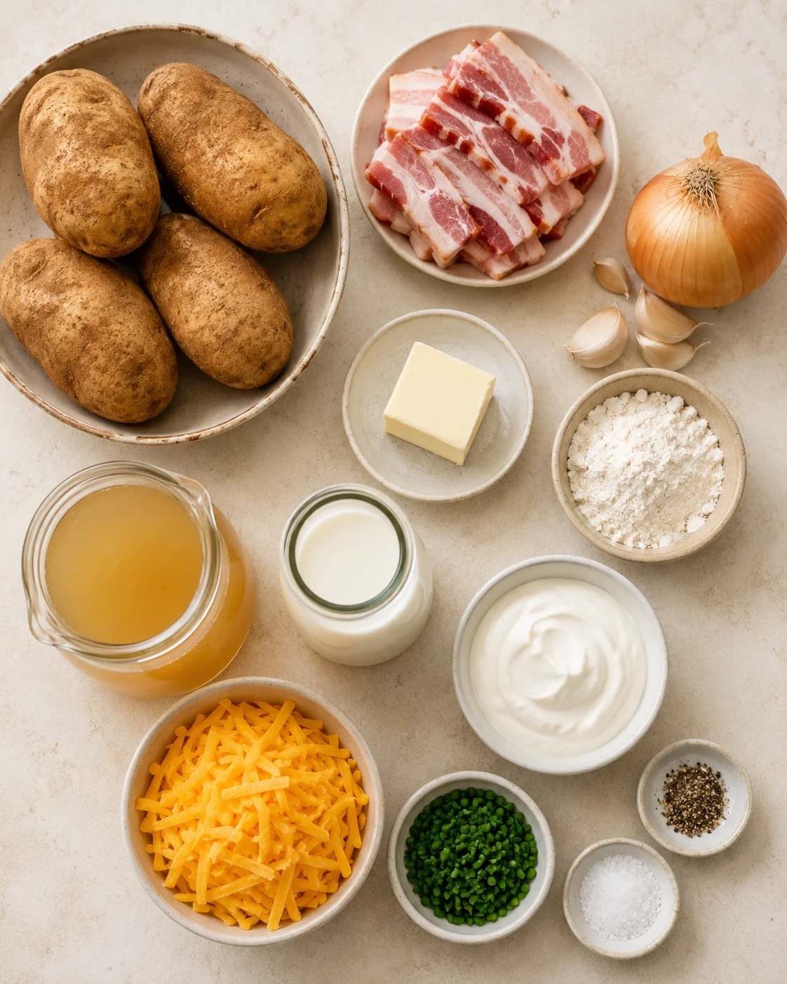Ingredients for loaded baked potato soup including potatoes, bacon, chives, and cheese.