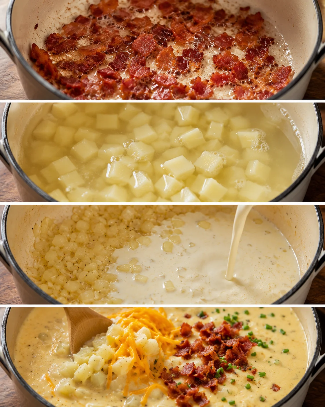 Creamy soup with bacon, cheese, and chives in a pot, topped with toppings