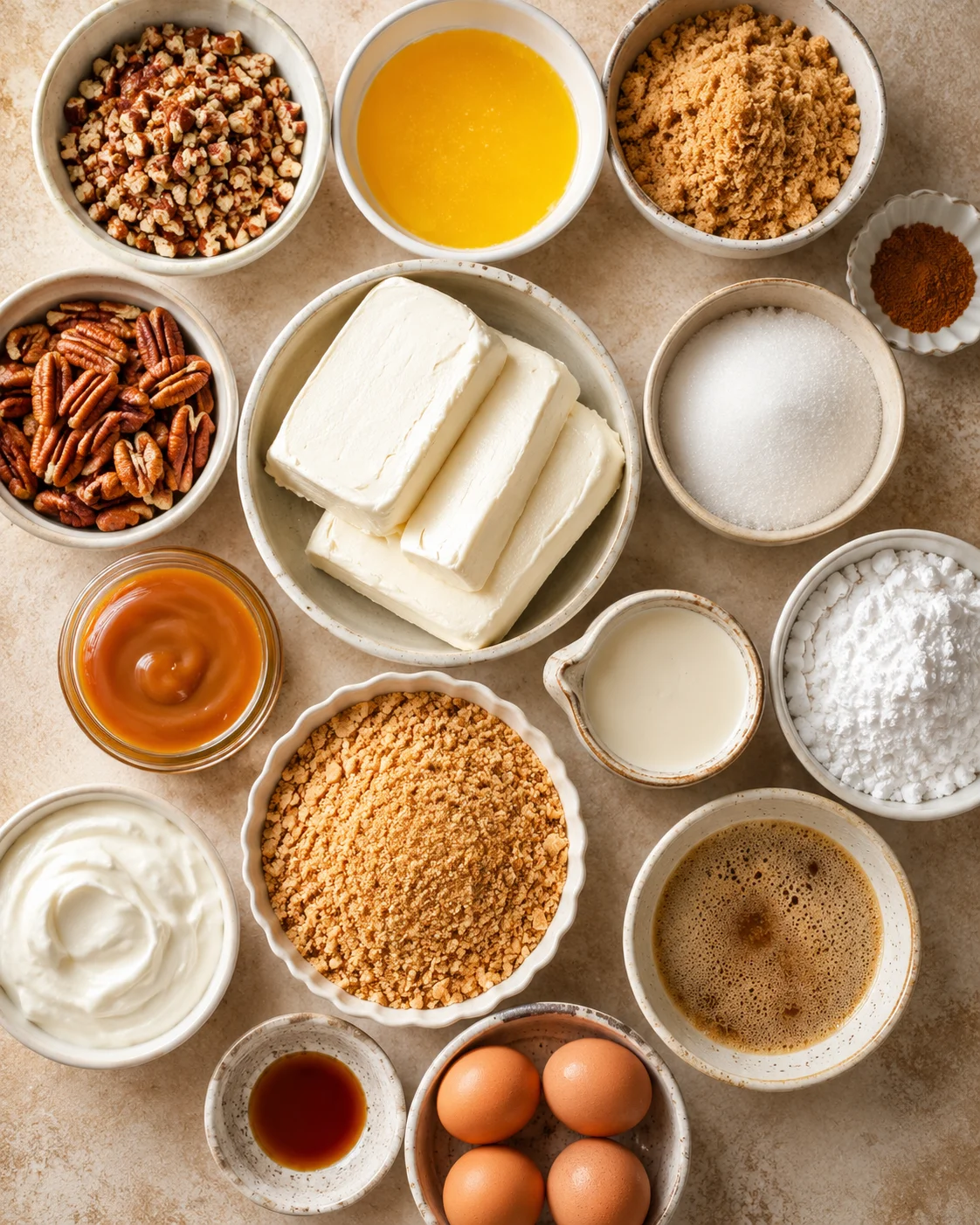 Ingredients displayed for a pecan cheesecake with toasted pecans and browned butter