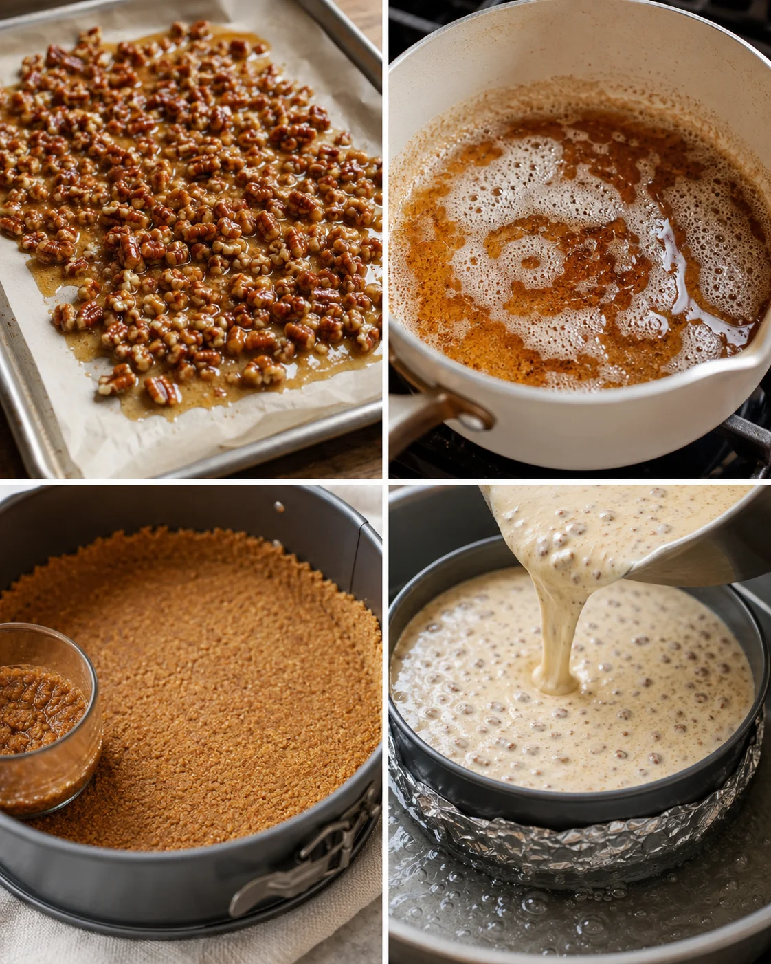 Close-up of toasted pecans and browned butter for cheesecake filling.