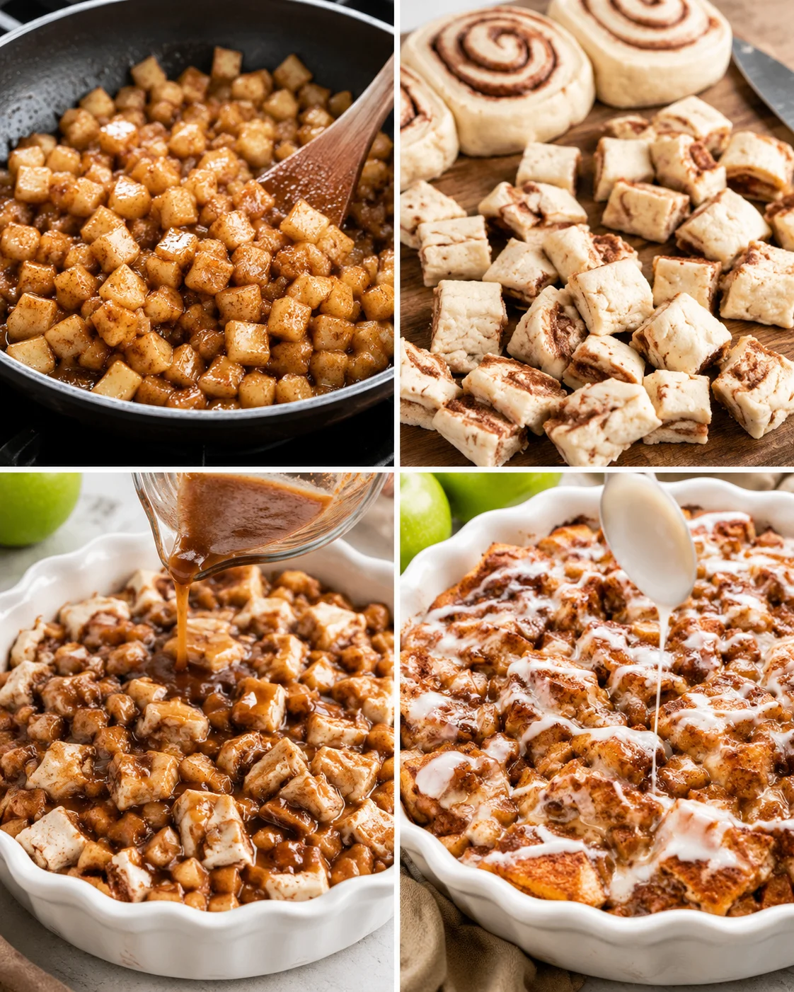 Step-by-step images of preparing apple cinnamon roll bake with apples, cinnamon rolls, and caramel sauce.