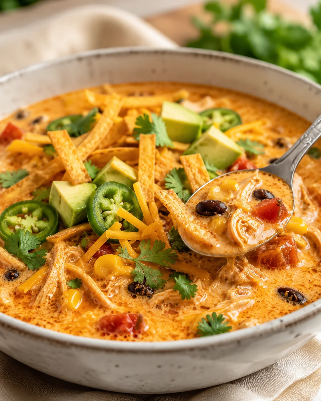Delicious creamy chicken tortilla soup garnished with avocado, jalapeños, and cilantro.