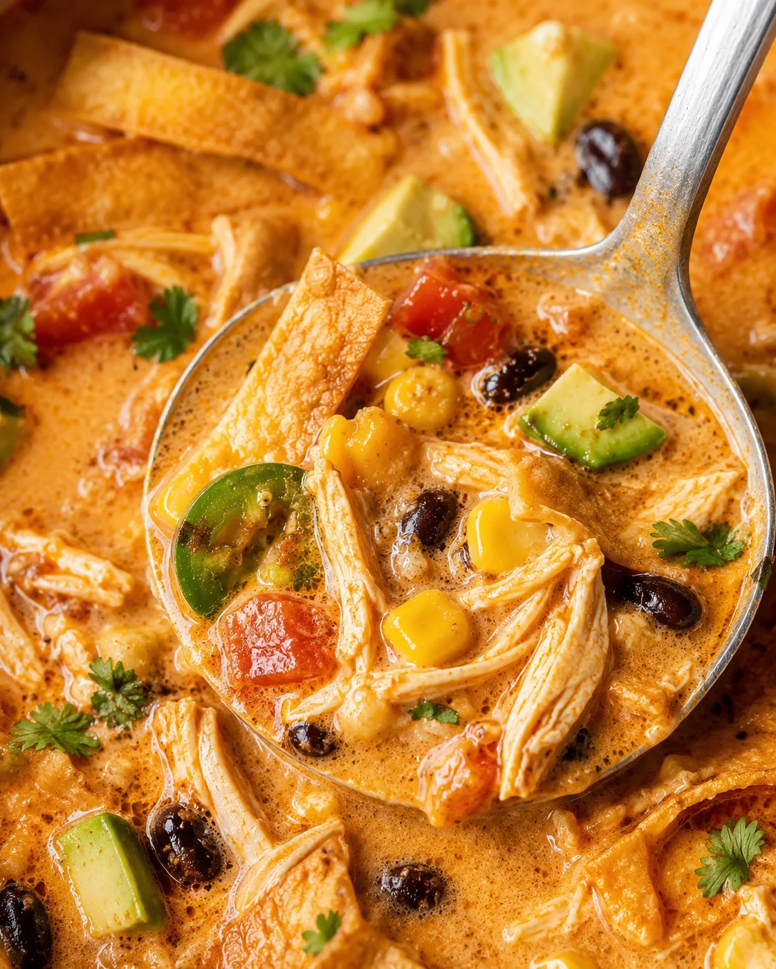 A close-up of a spoonful of creamy chicken tortilla soup with vegetables and toppings.