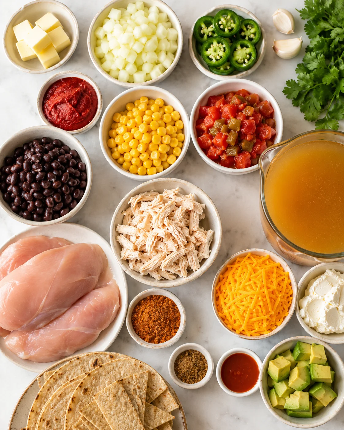 A variety of fresh ingredients for creamy chicken tortilla soup on a white surface.