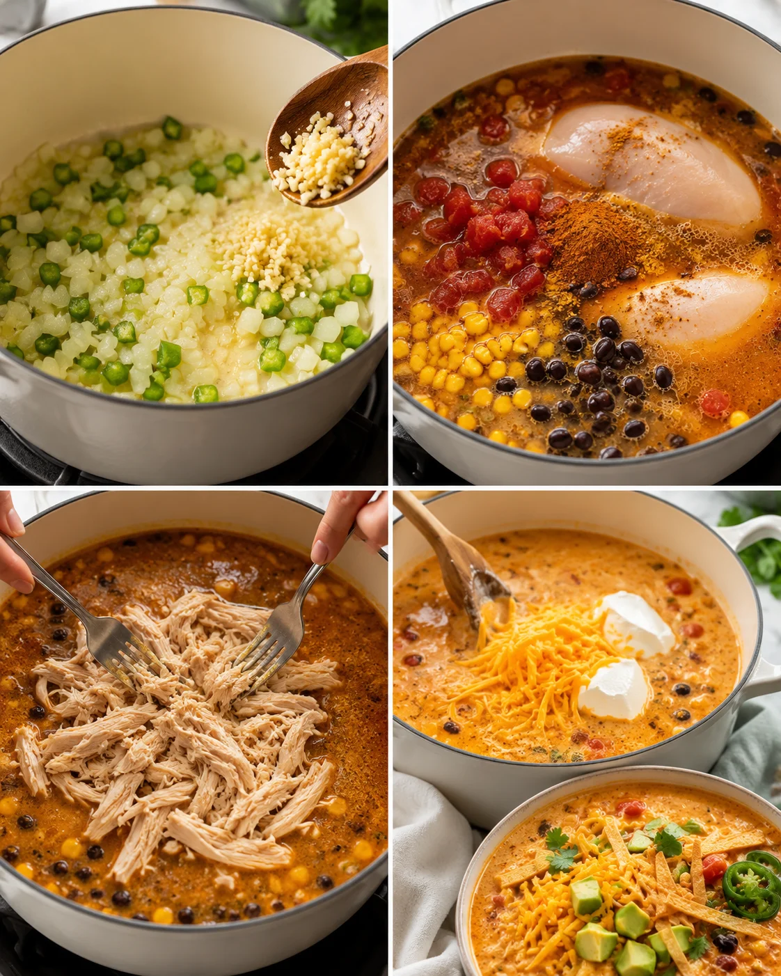 Step-by-step photos of preparing creamy chicken tortilla soup with ingredients and toppings.