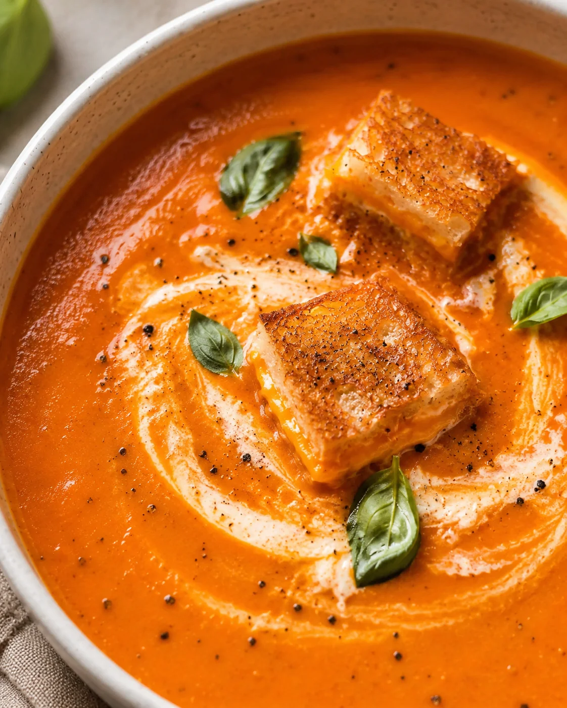 A bowl of creamy tomato soup topped with basil and crispy grilled cheese