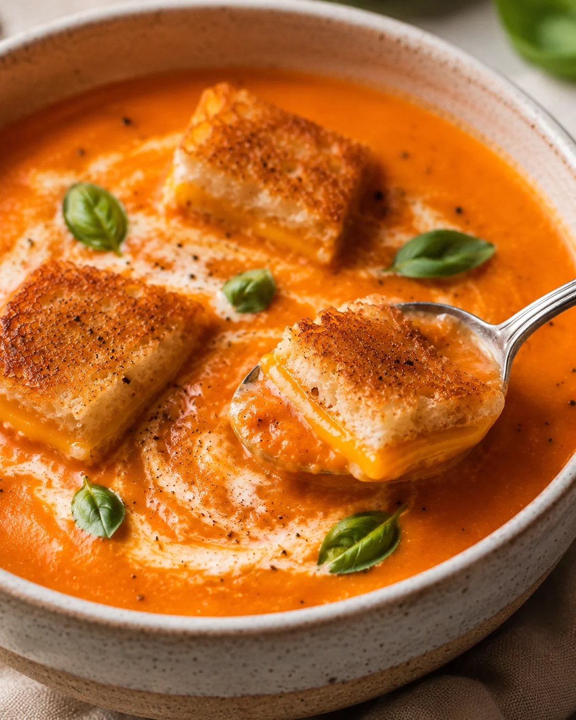 Creamy tomato soup garnished with basil leaves and crispy croutons in a bowl