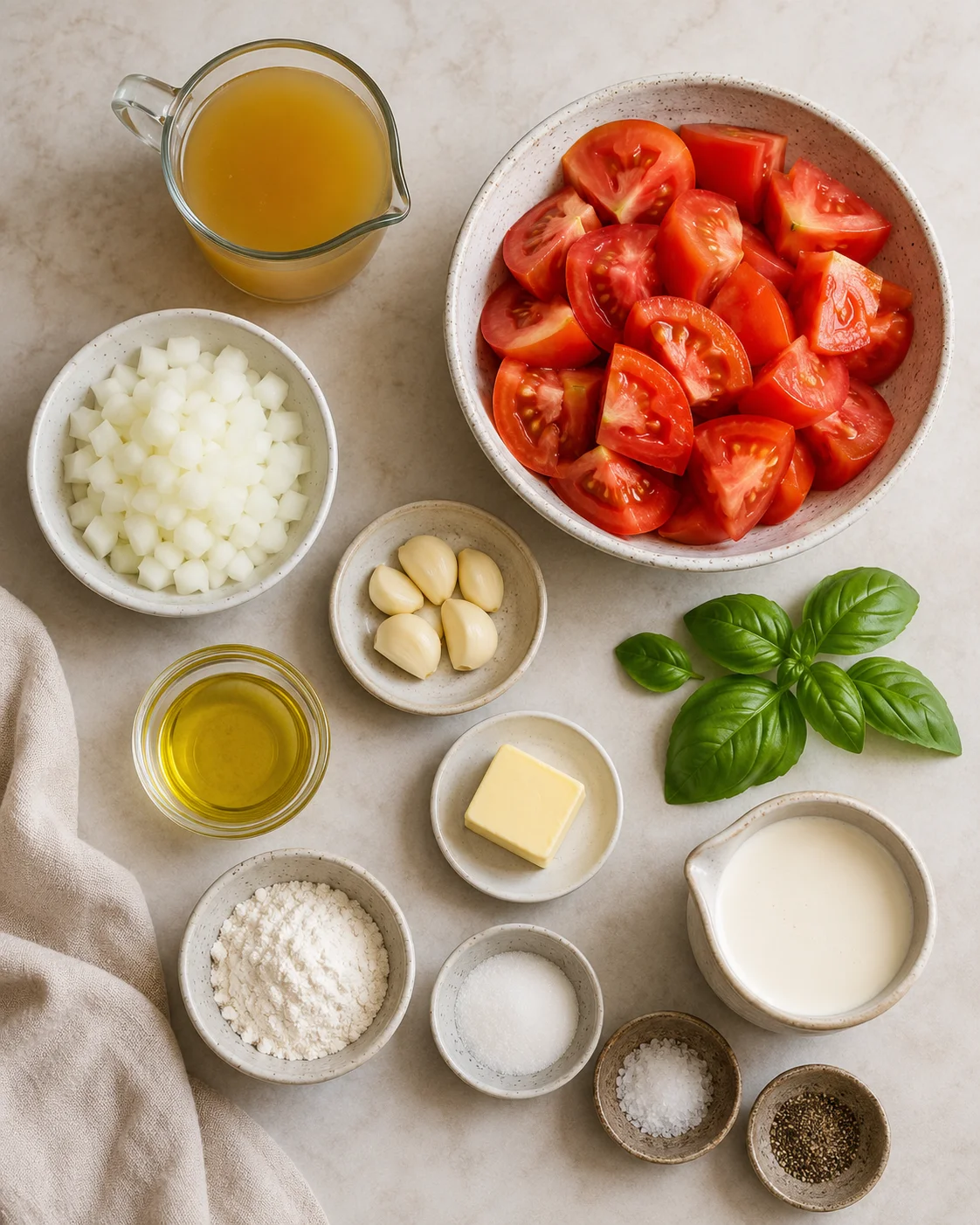 Assorted fresh ingredients including tomatoes, garlic, basil, and broth for soup