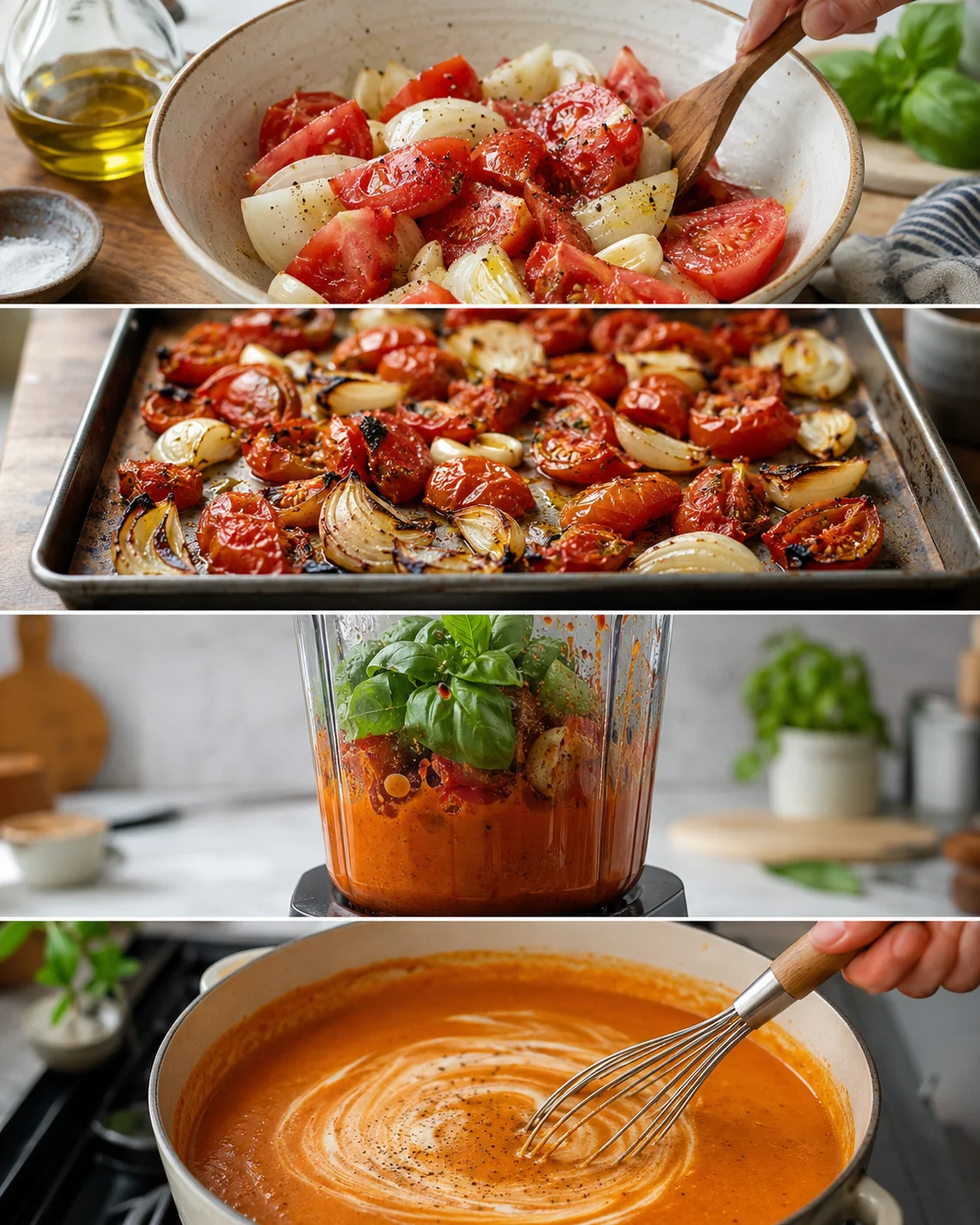 Steps of roasting, blending, and simmering fresh tomatoes for homemade soup.