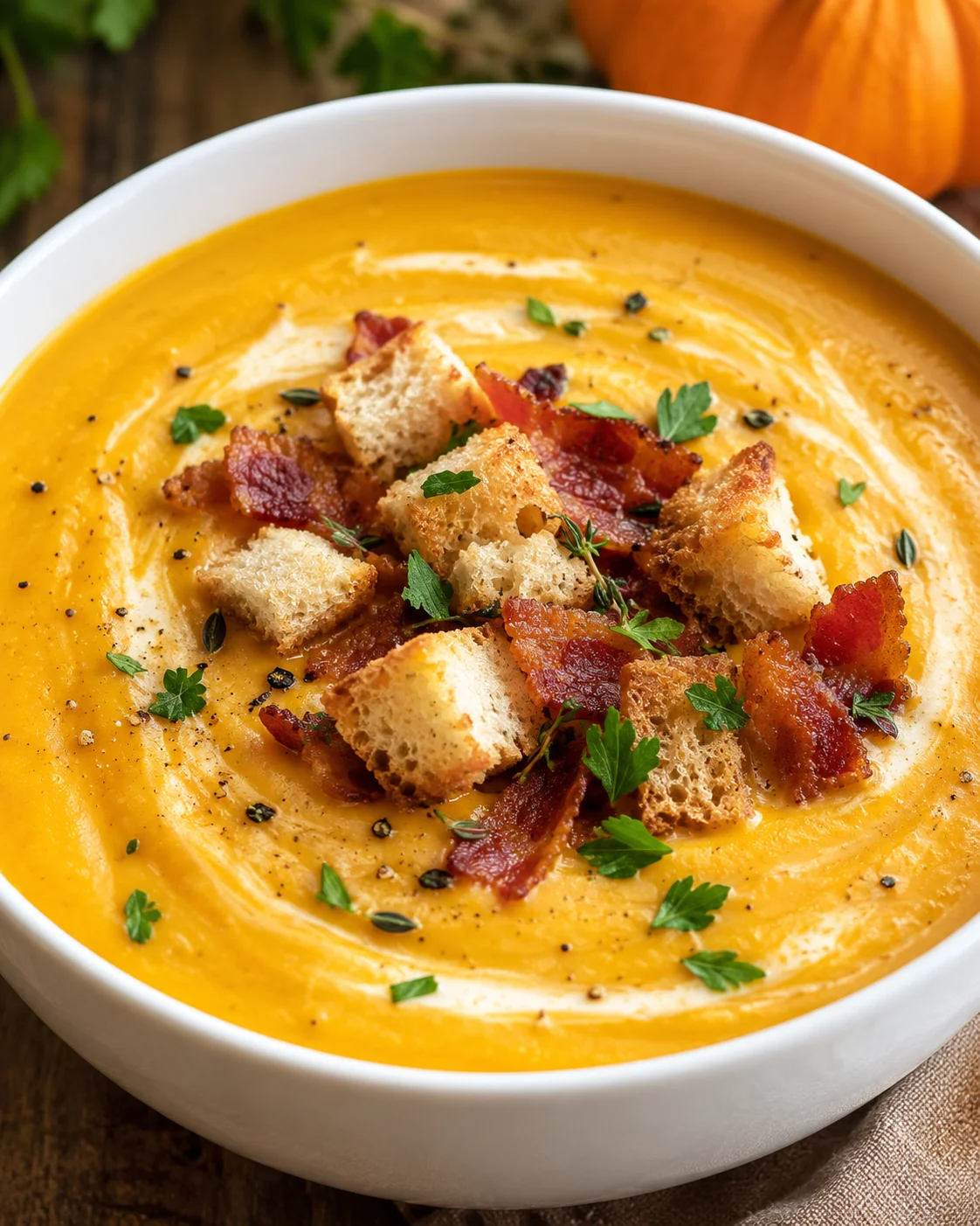 A bowl of smooth pumpkin soup topped with crispy bacon bits and croutons