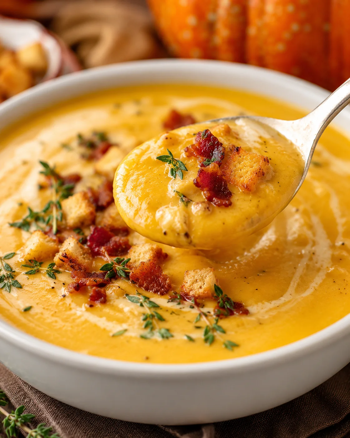 A bowl of creamy pumpkin soup garnished with bacon bits, croutons, and fresh herbs.