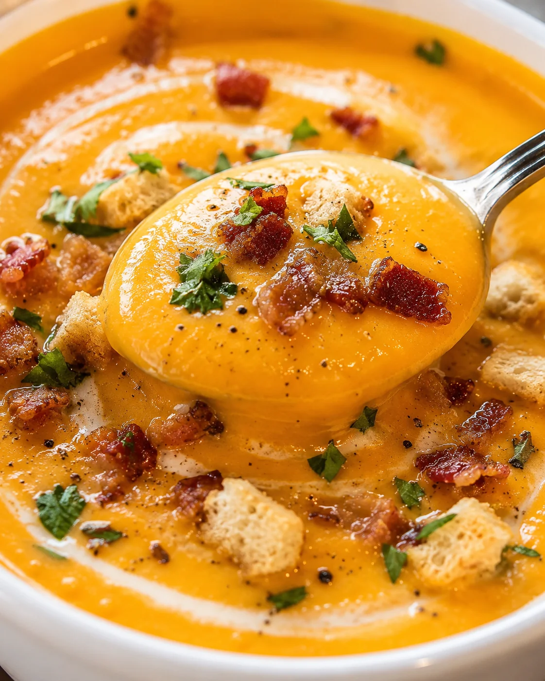 Close-up of creamy pumpkin soup topped with bacon bits and croutons.