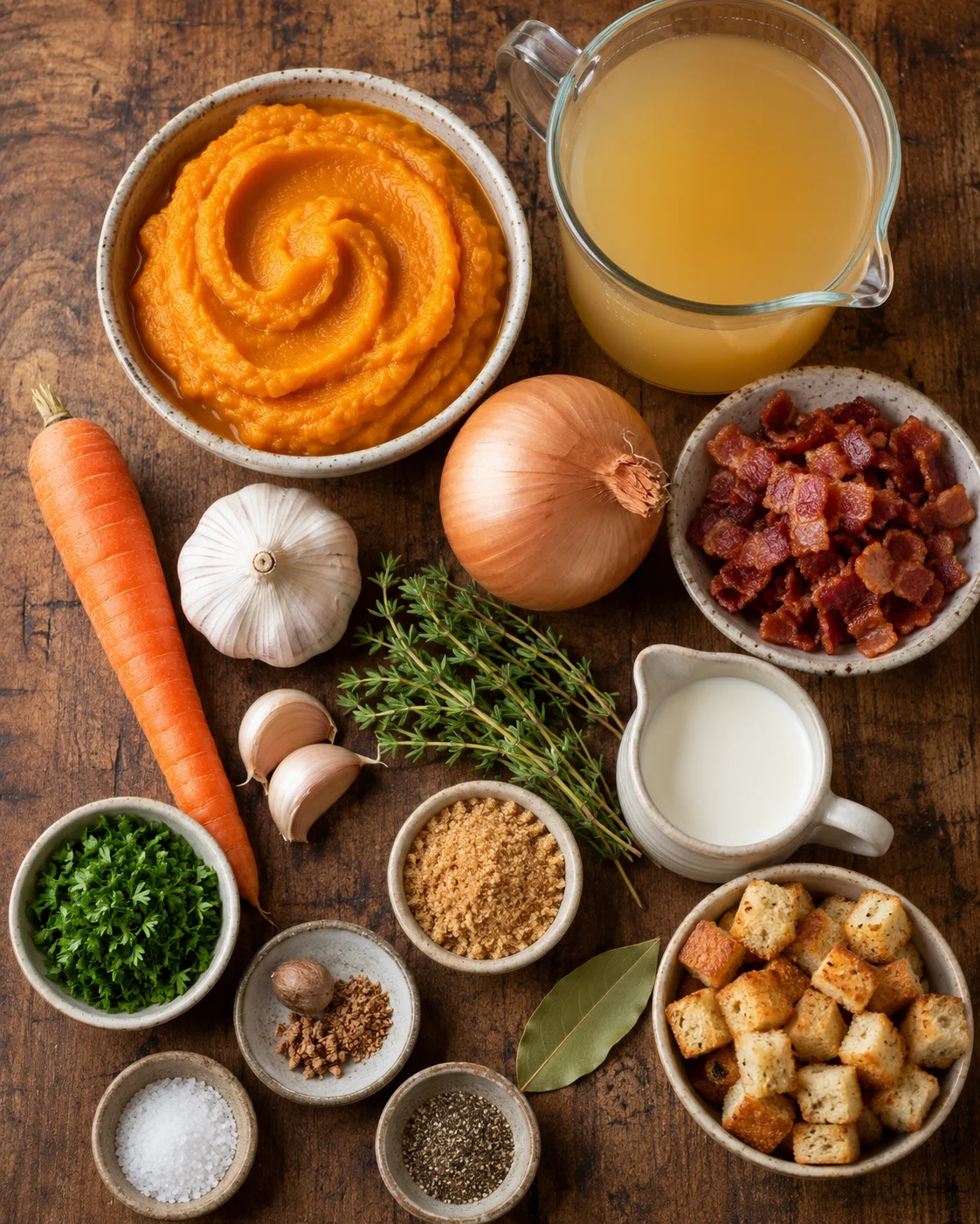 A rustic wooden table with fresh veggies, pumpkin puree, bacon, and herbs for soup.