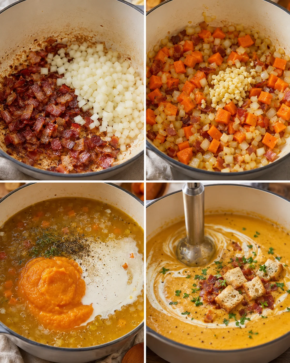 Step-by-step images of making cozy pumpkin soup with bacon and croutons
