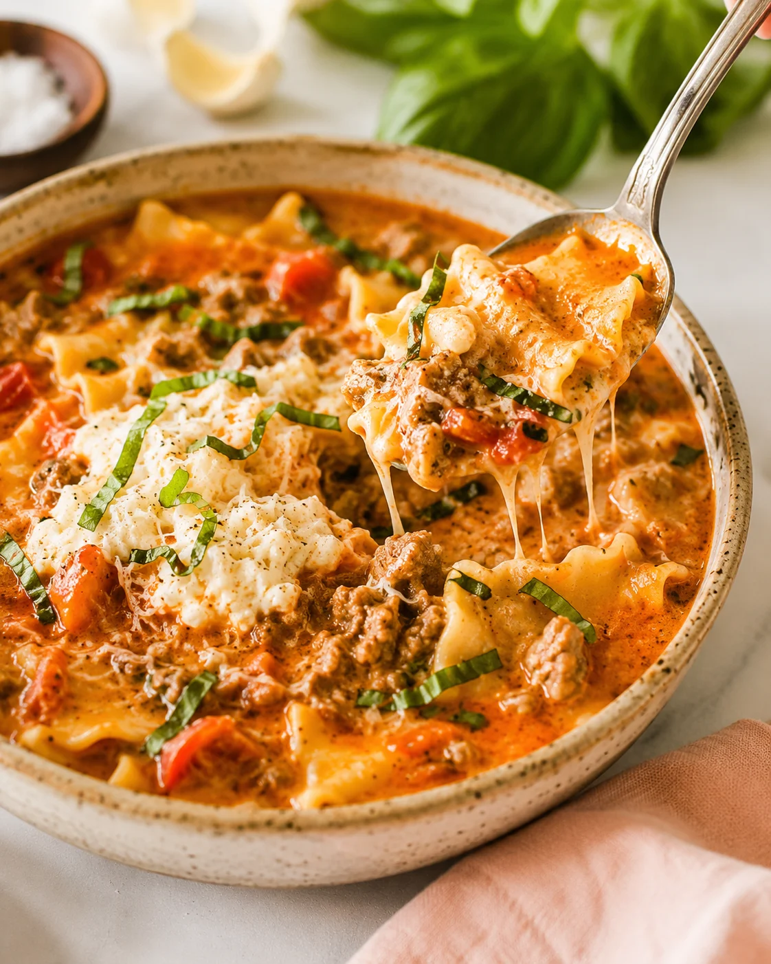 A hearty bowl of creamy lasagna soup topped with cheese and basil.