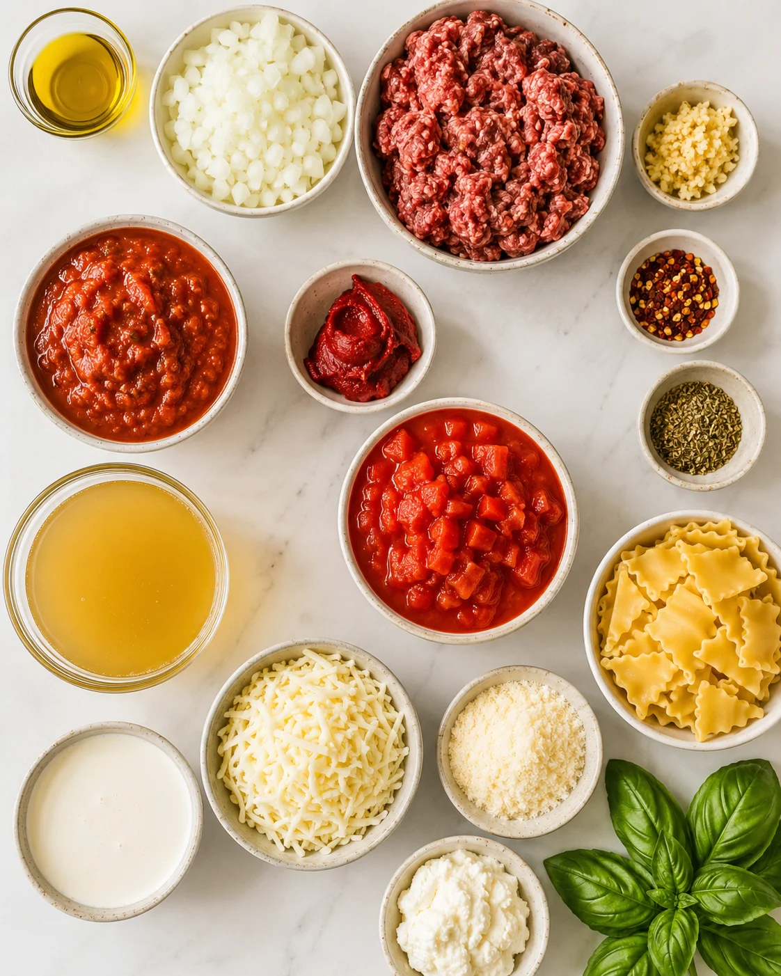 Assorted ingredients for creamy lasagna soup on a white surface, including beef, noodles, and tomatoes.