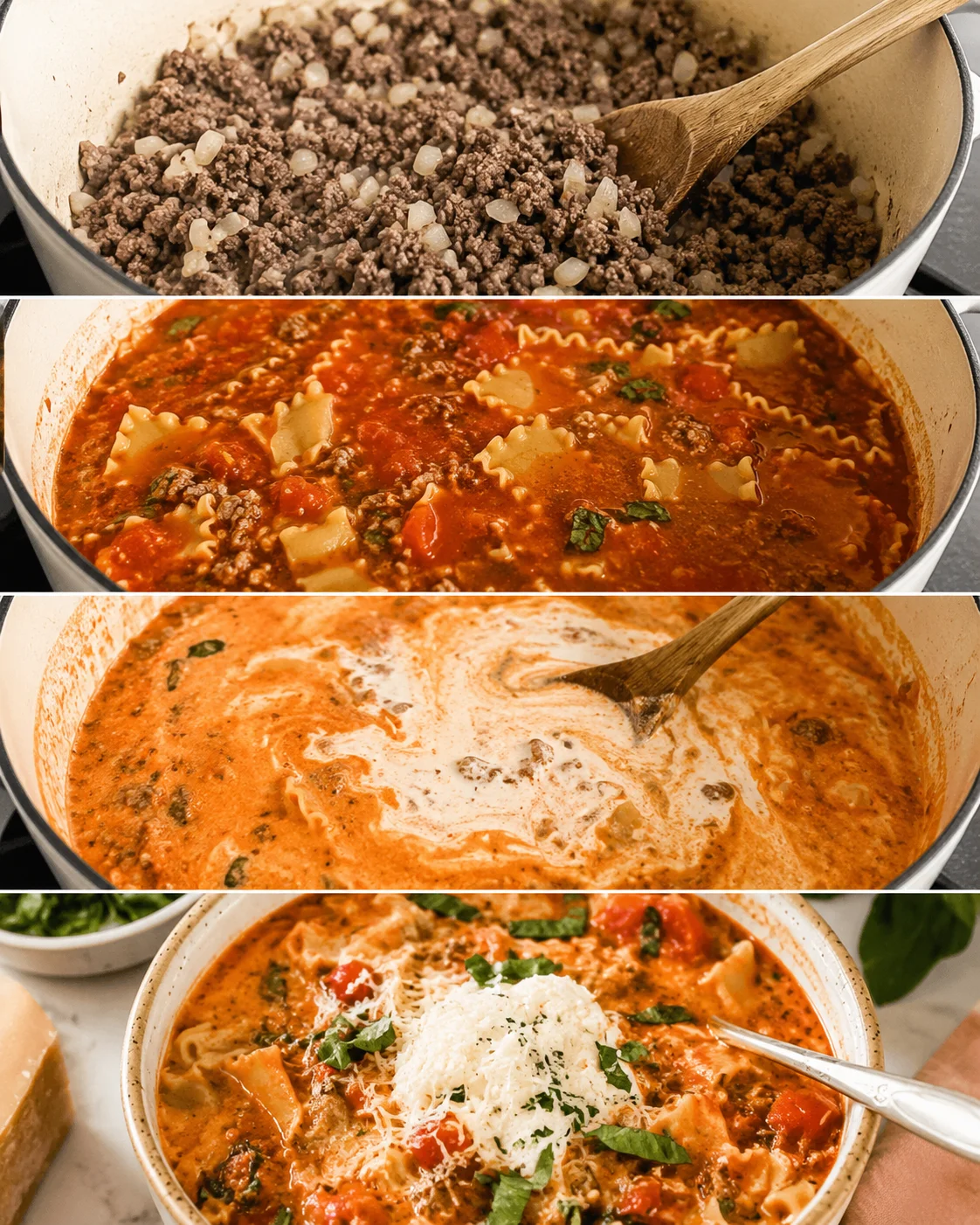Delicious creamy lasagna soup topped with cheese and fresh basil in a bowl.