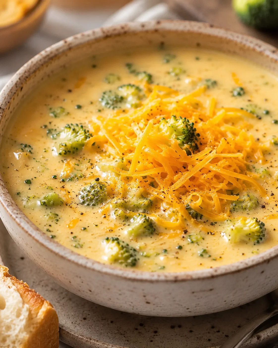 Creamy broccoli cheese soup topped with shredded cheddar and broccoli florets in a bowl