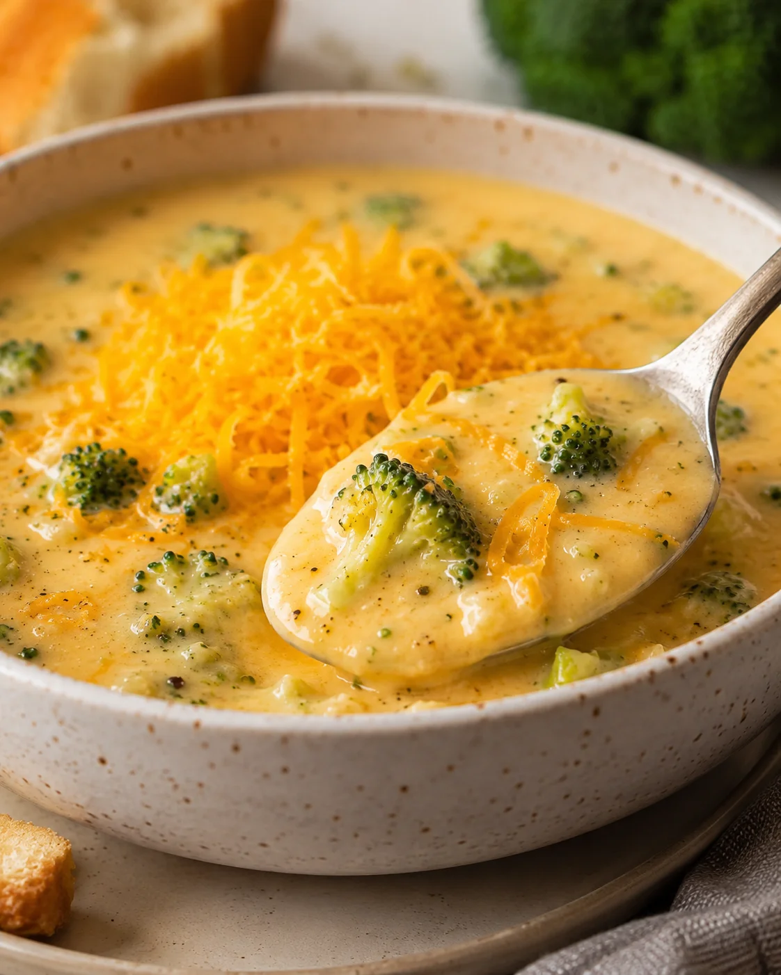 A bowl of rich, cheesy broccoli cheese soup with broccoli florets and shredded cheese on top