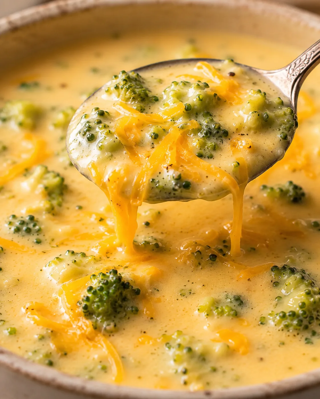 Close-up of broccoli cheese soup with melted cheddar cheese and tiny broccoli florets