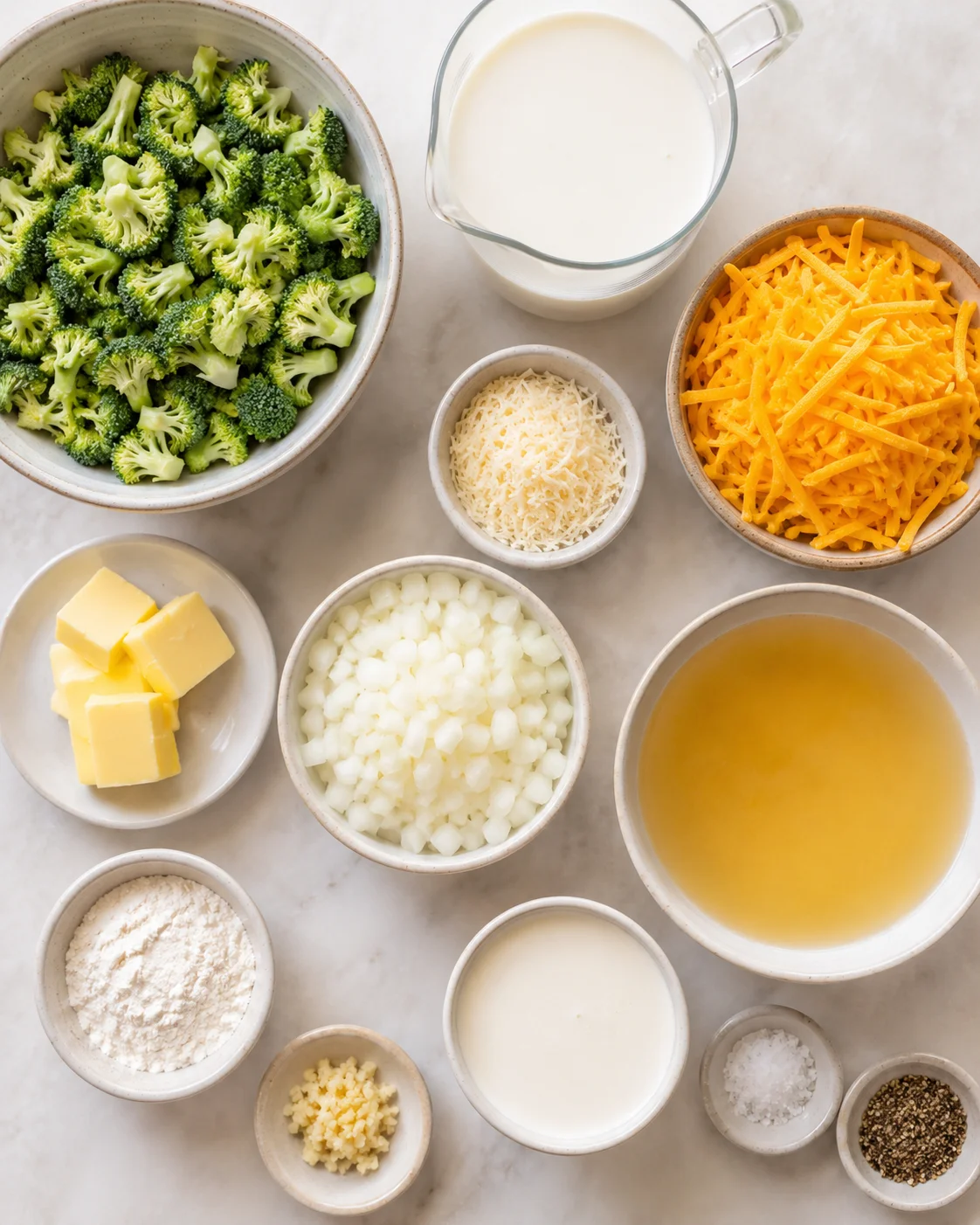 Assorted fresh ingredients for broccoli cheese soup on a marble surface.