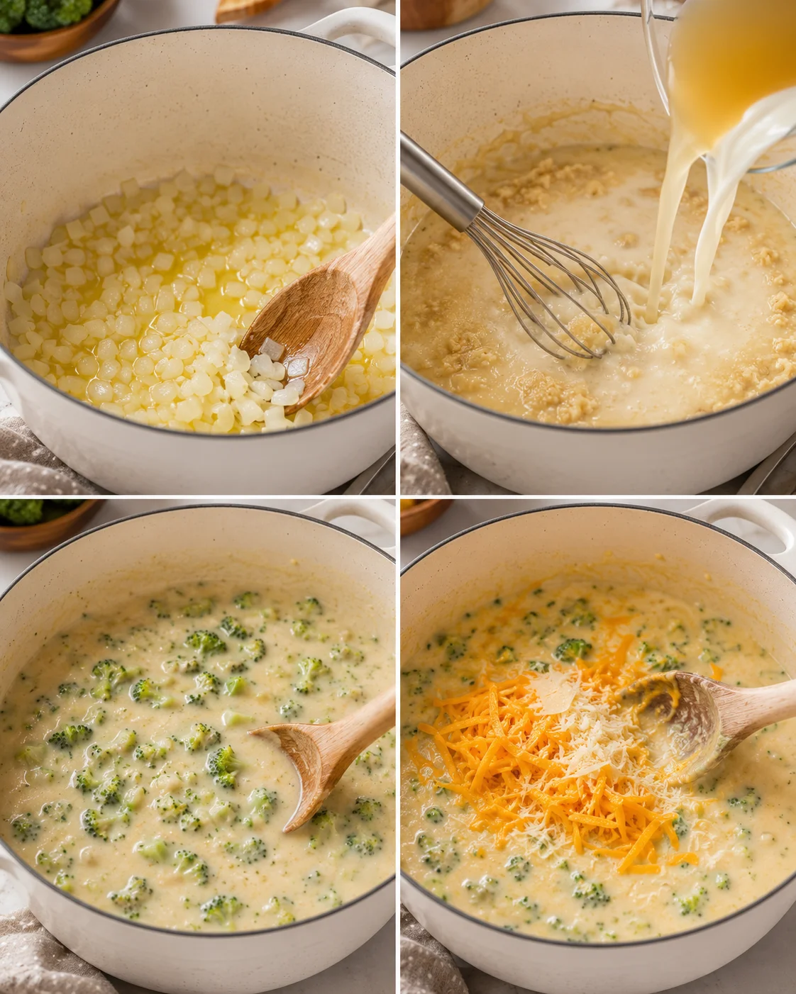 Creamy broccoli cheese soup with fresh broccoli and melted cheddar cheese.