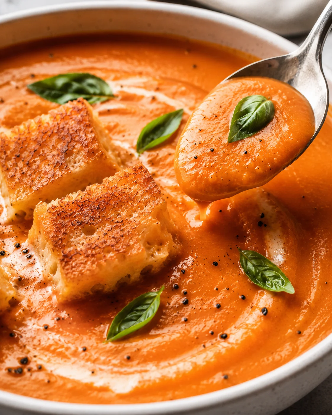 Creamy, rich tomato soup garnished with basil leaves and croutons.