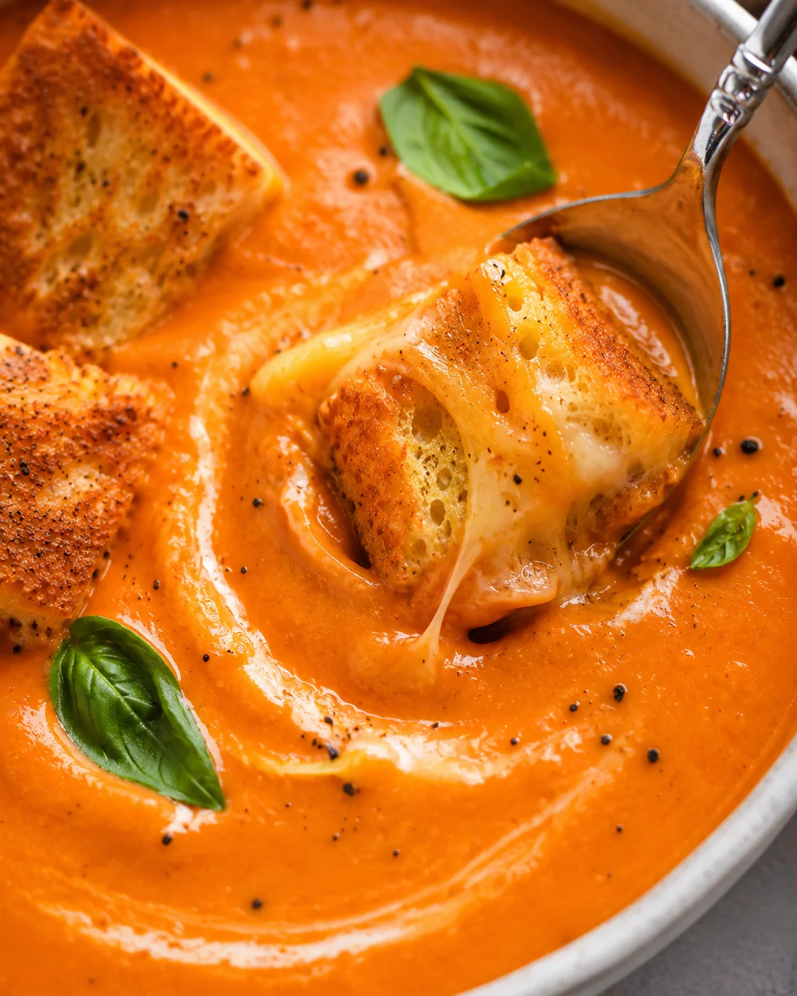 Close-up of rich, creamy tomato soup with basil and toast croutons