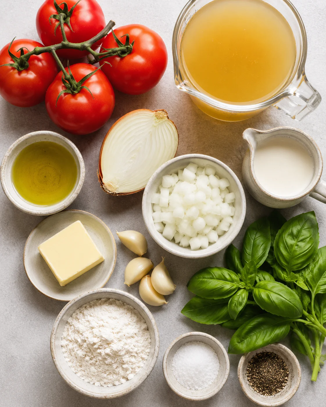 Assortment of ingredients including ripe tomatoes, garlic, onion, basil, and broth