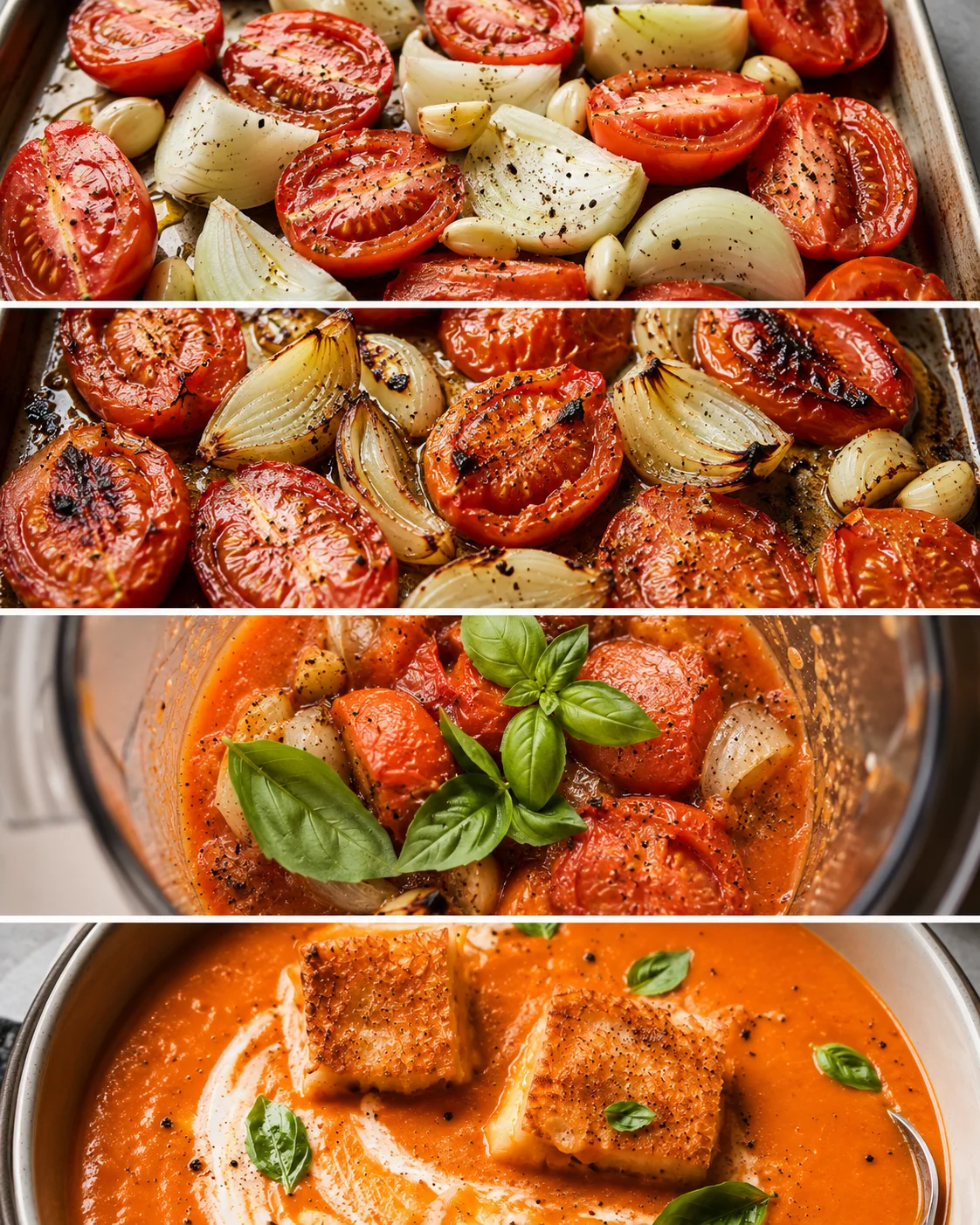 Fresh roasted tomatoes, onions, garlic, and basil for delicious homemade soup.
