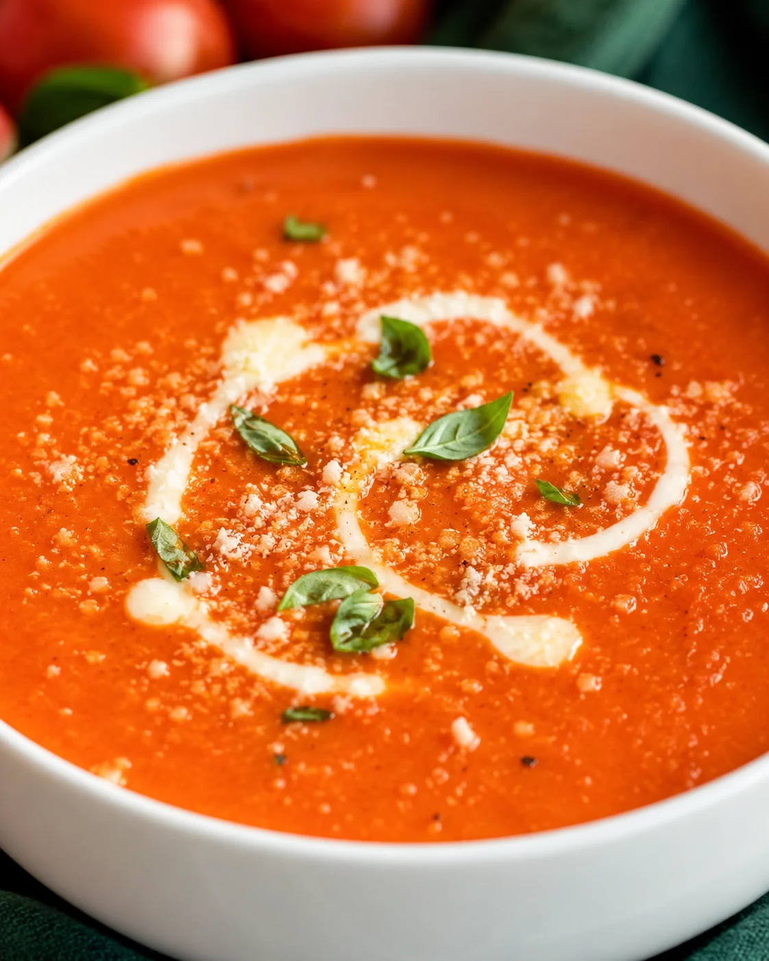 A bowl of vibrant, freshly made roasted tomato soup garnished with basil and cheese.