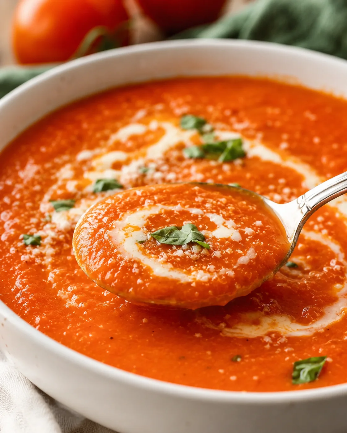 Close-up of a bowl of vibrant roasted tomato soup garnished with herbs.