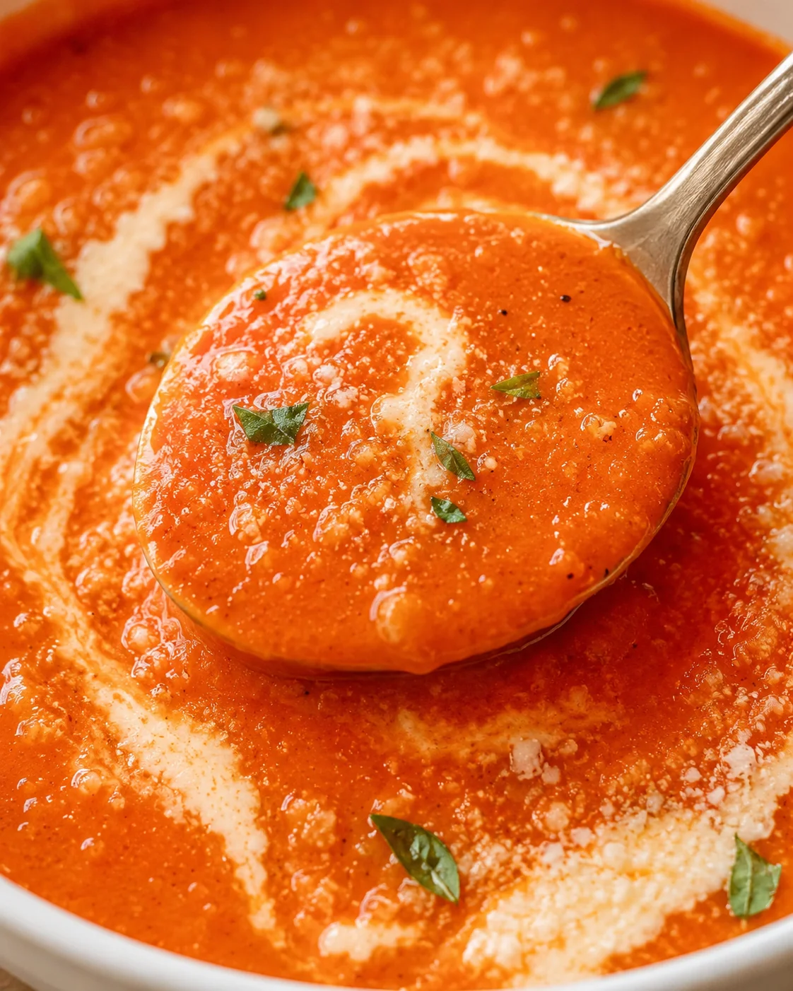 Close-up of vibrant roasted tomato soup with a spoonful showing its rich texture.
