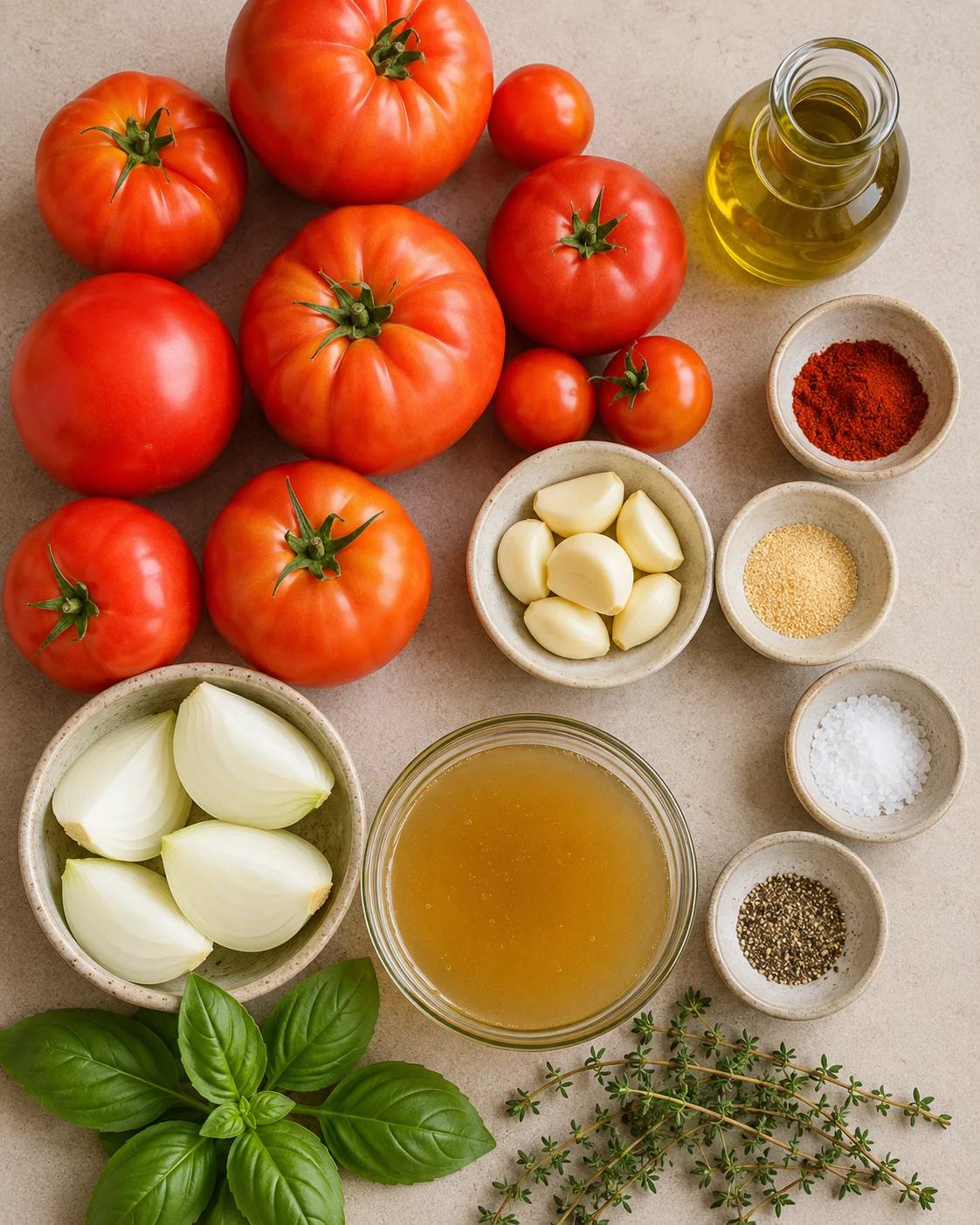 A colorful collection of ripe tomatoes, garlic, onions, and herbs on a beige surface.