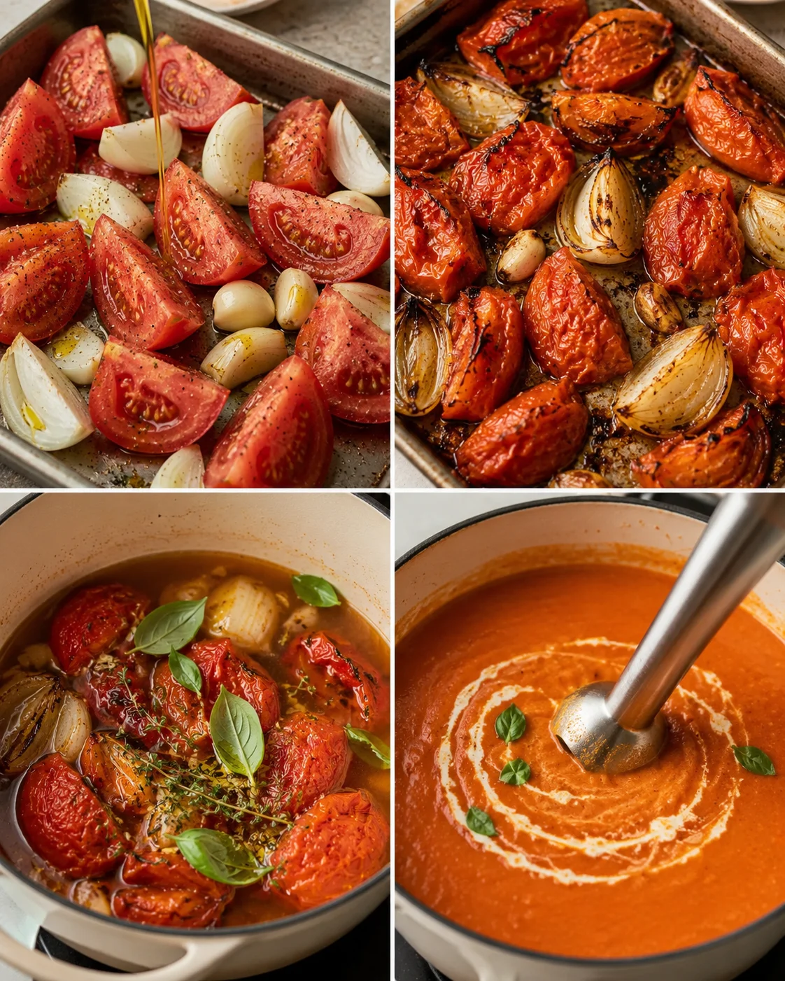 Freshly roasted tomatoes, onions, and garlic simmering for flavorful soup.