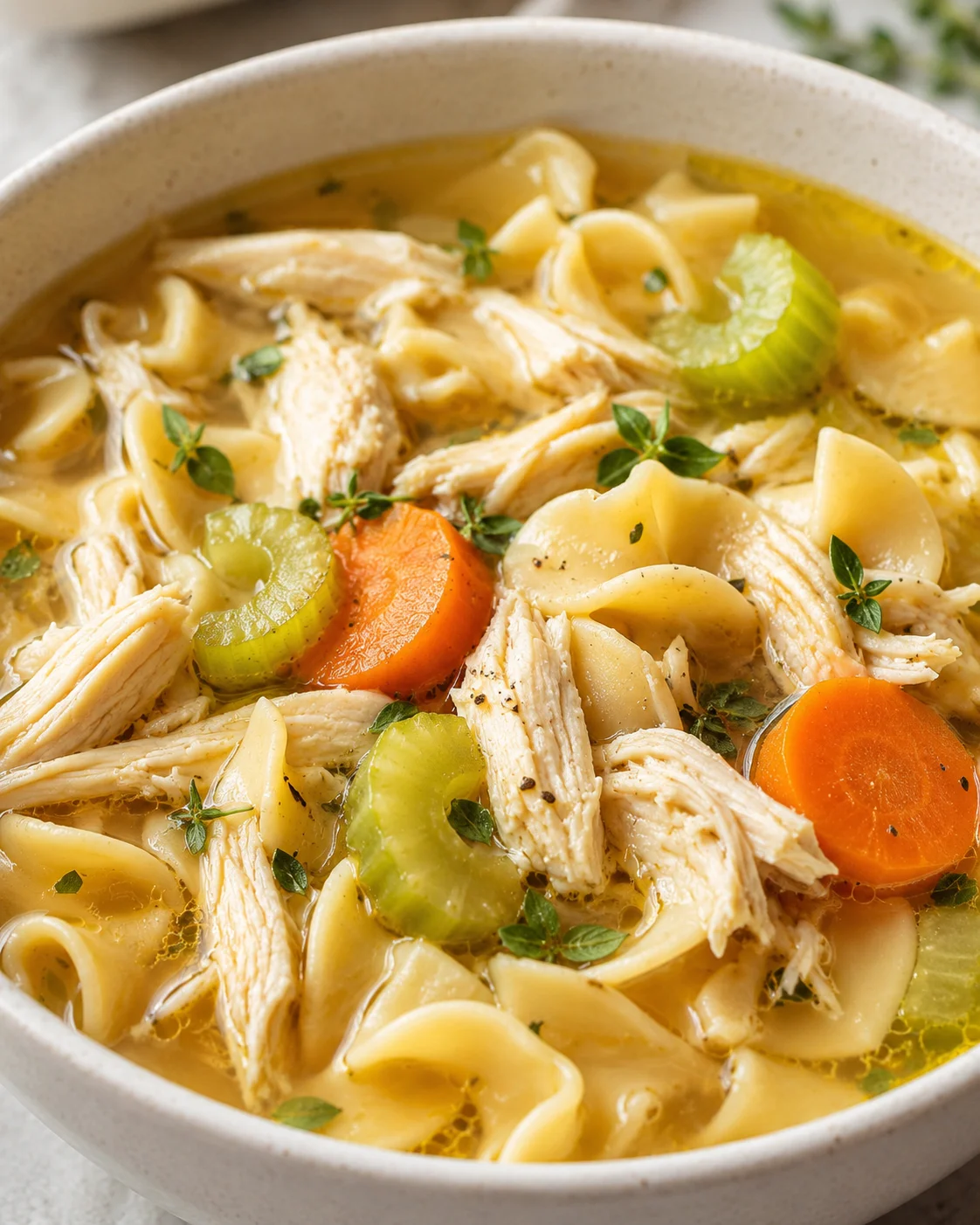 Close-up of a bowl filled with chicken noodle soup with vegetables and herbs
