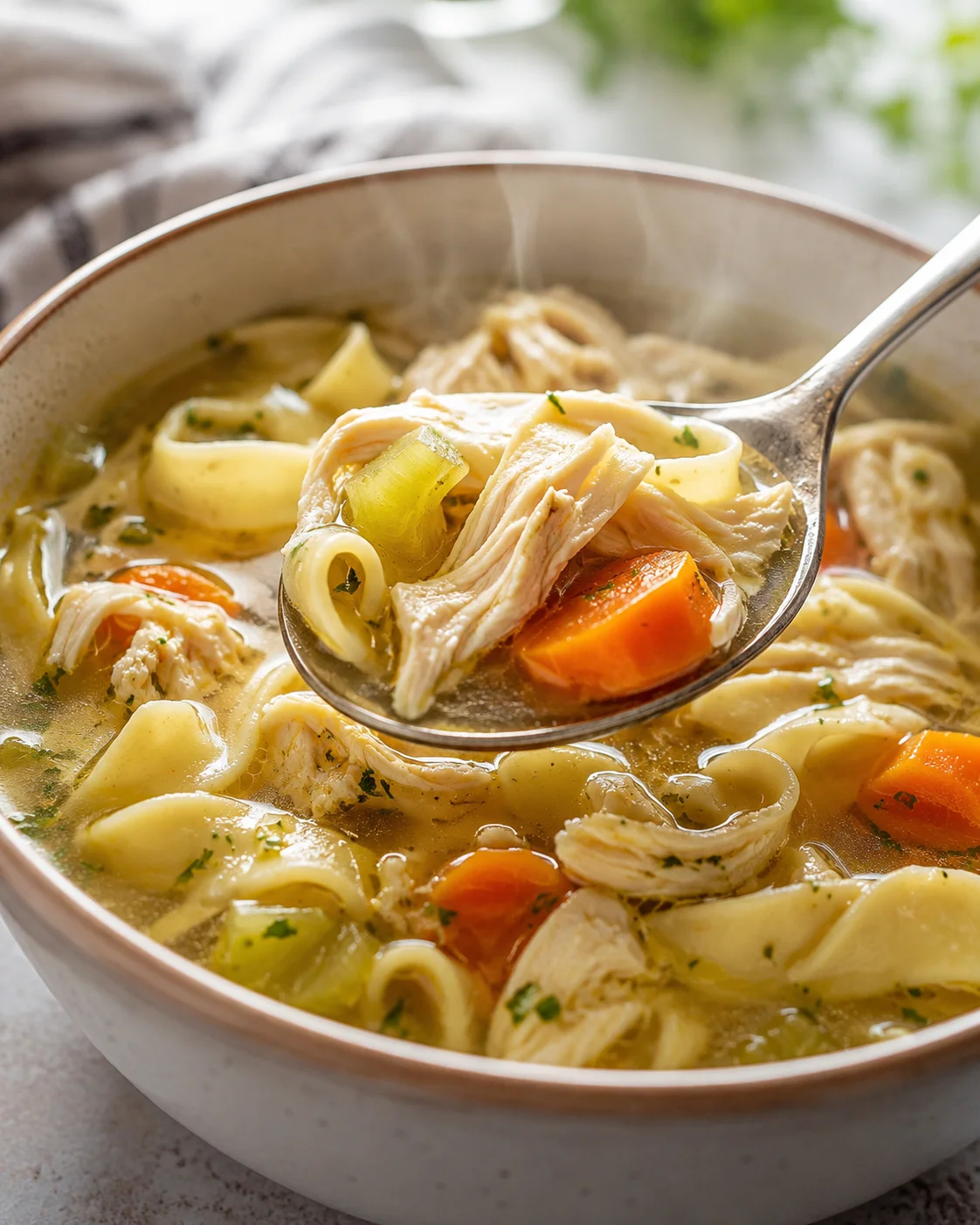Close-up of a bowl of steaming homemade chicken noodle soup with vegetables.