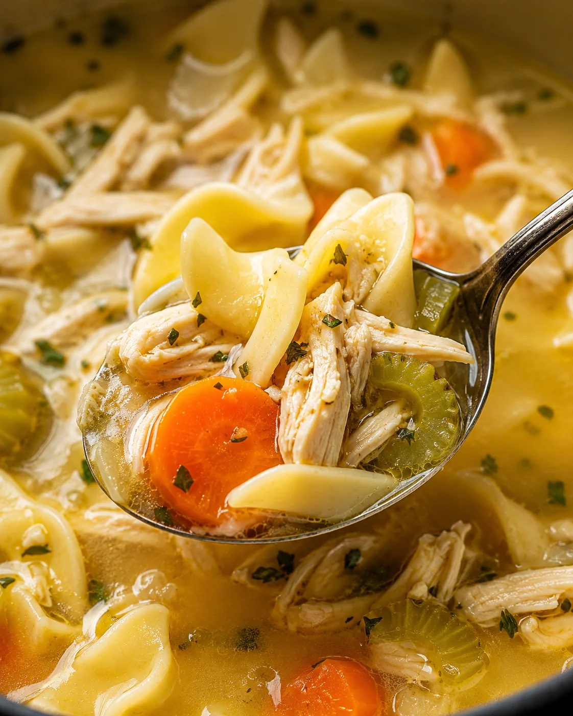 Close-up of hearty homemade chicken noodle soup with vegetables and shredded chicken.