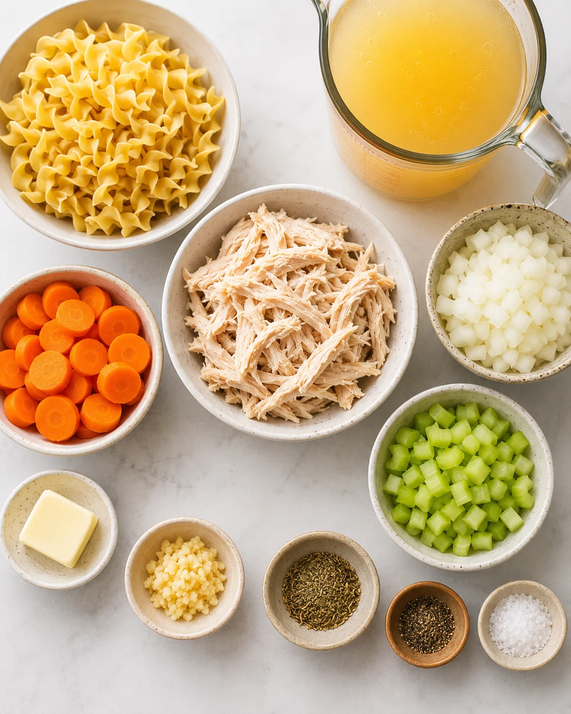Assorted ingredients including pasta, chicken, vegetables, and broth for chicken noodle soup.