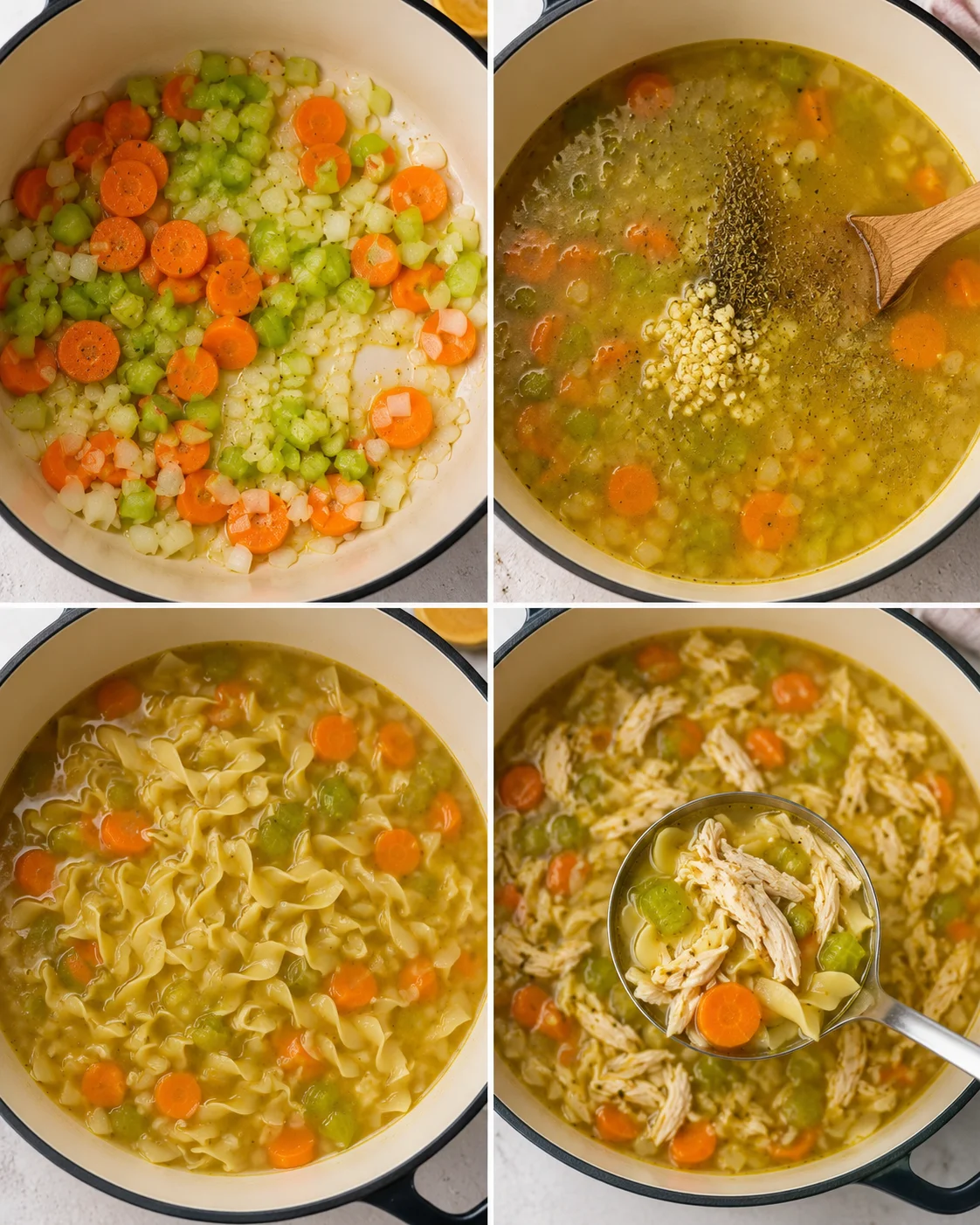 Step-by-step process of making homemade chicken noodle soup with vegetables and broth.