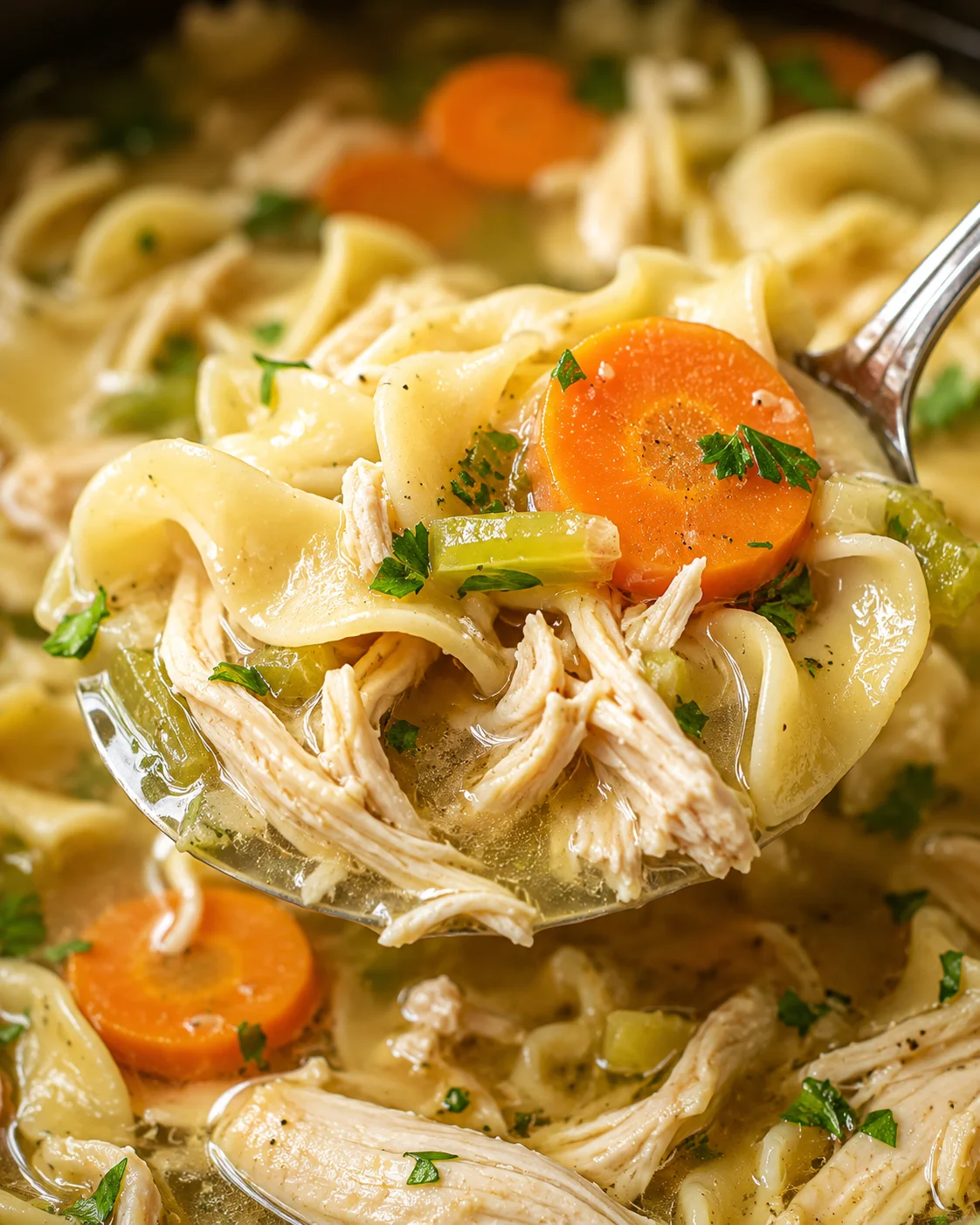 Close-up of a spoonful of homemade chicken noodle soup with vegetables.