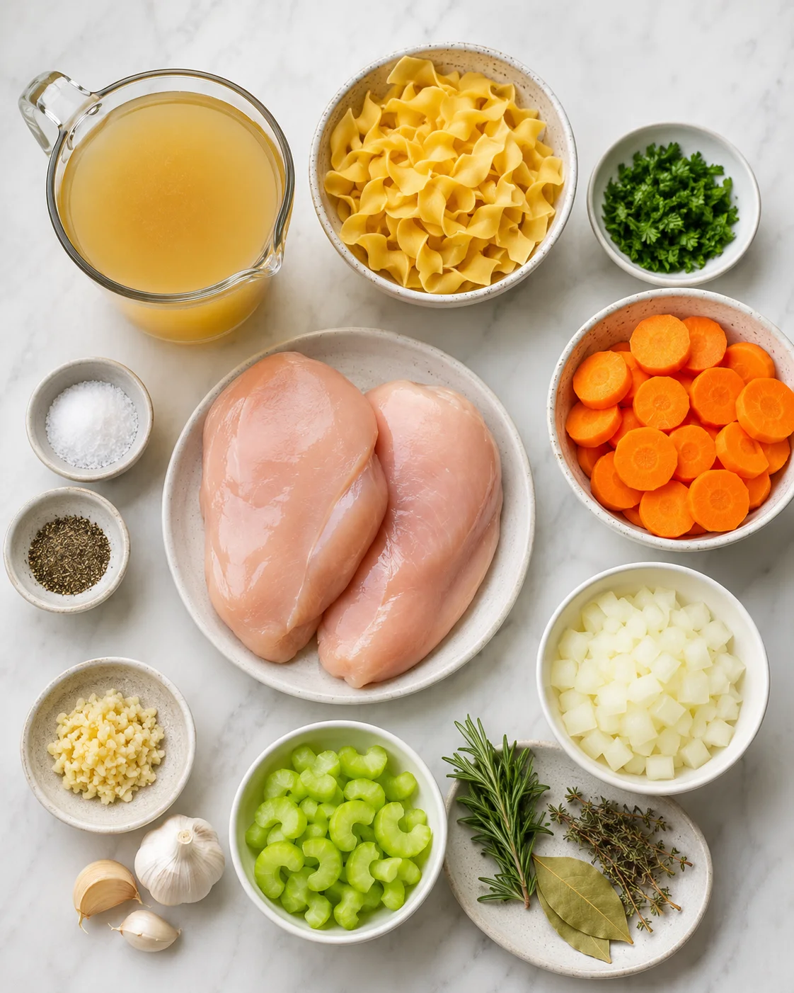 Ingredients for easy crockpot chicken noodle soup displayed on a white marble surface.