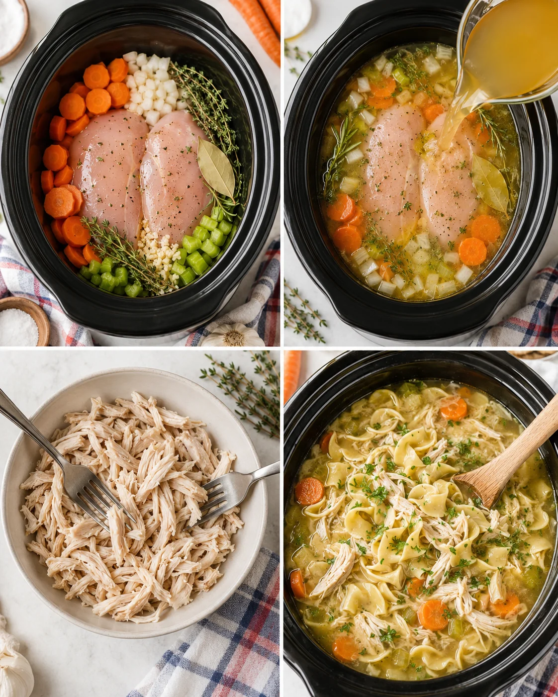 Step-by-step images of preparing homemade Crockpot chicken noodle soup with vegetables and shredded chicken