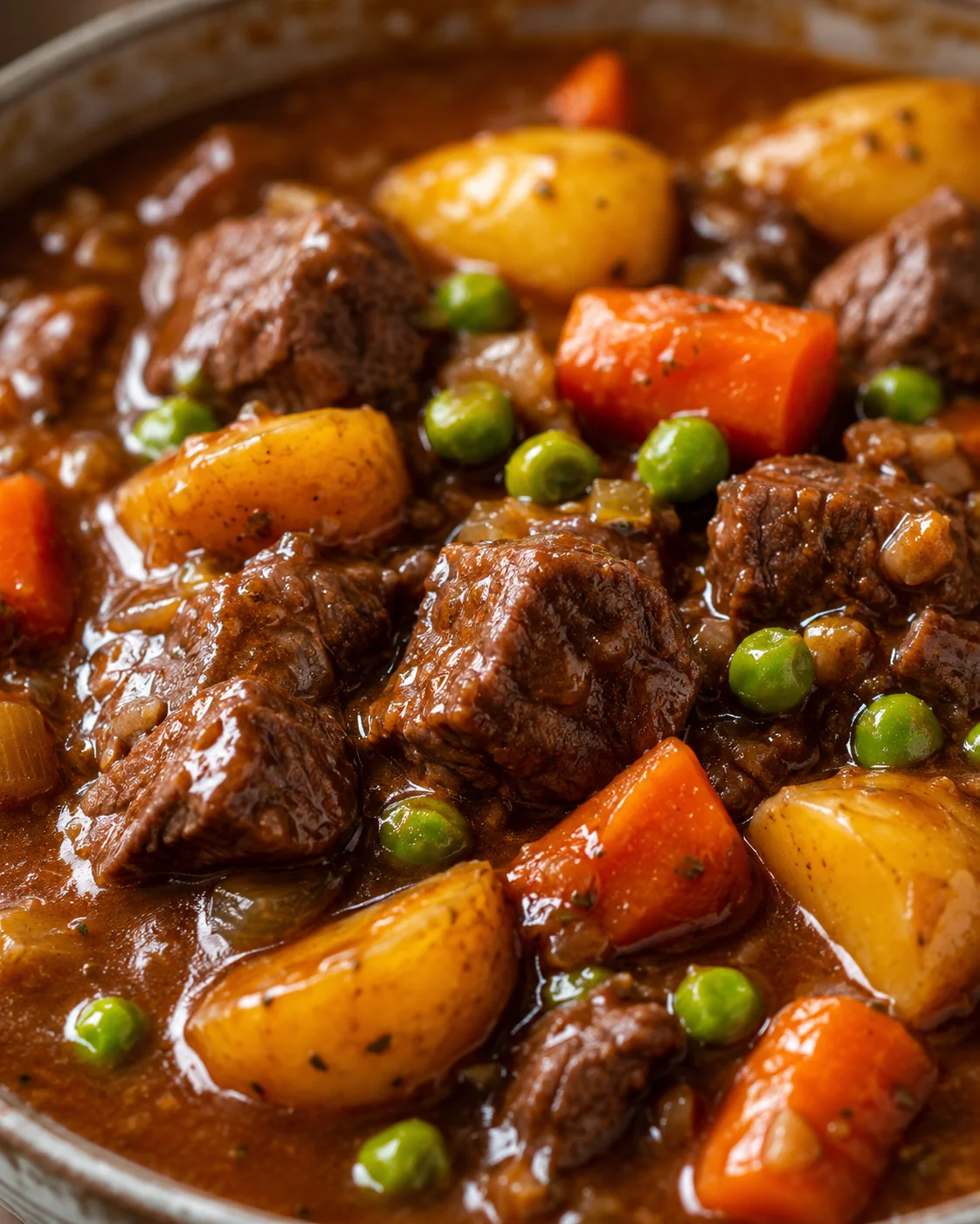 Hearty beef stew with tender meat, potatoes, carrots, and peas in a rich broth