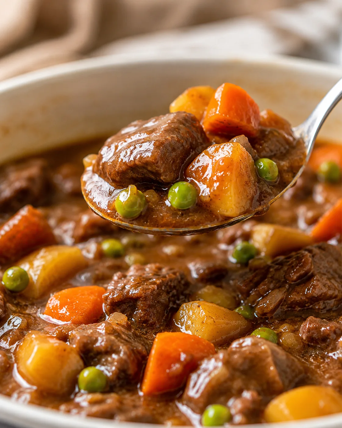Hearty slow cooker beef stew with tender beef, potatoes, and carrots in a rich broth.