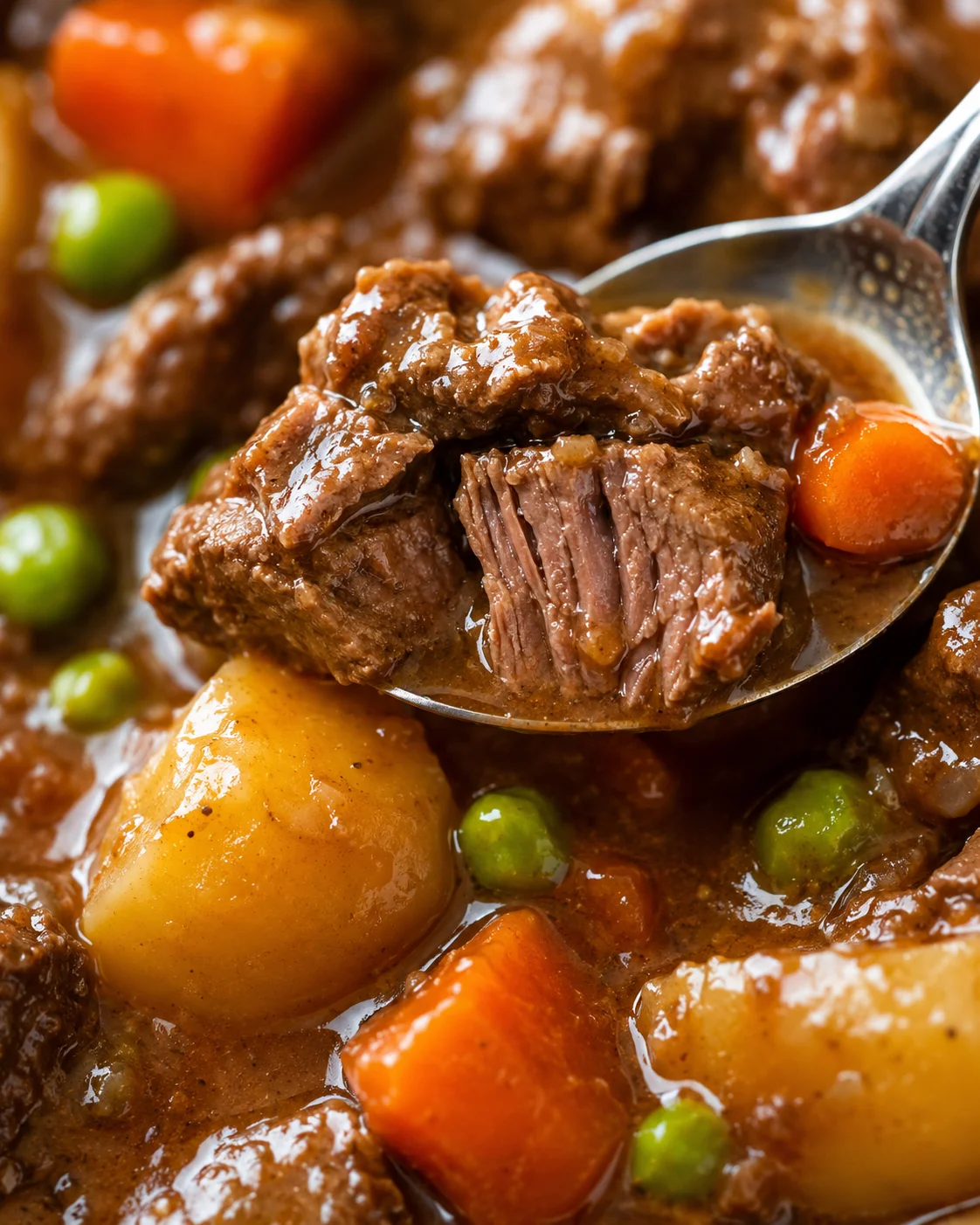 Hearty beef stew with tender meat, potatoes, carrots, and peas in rich broth.