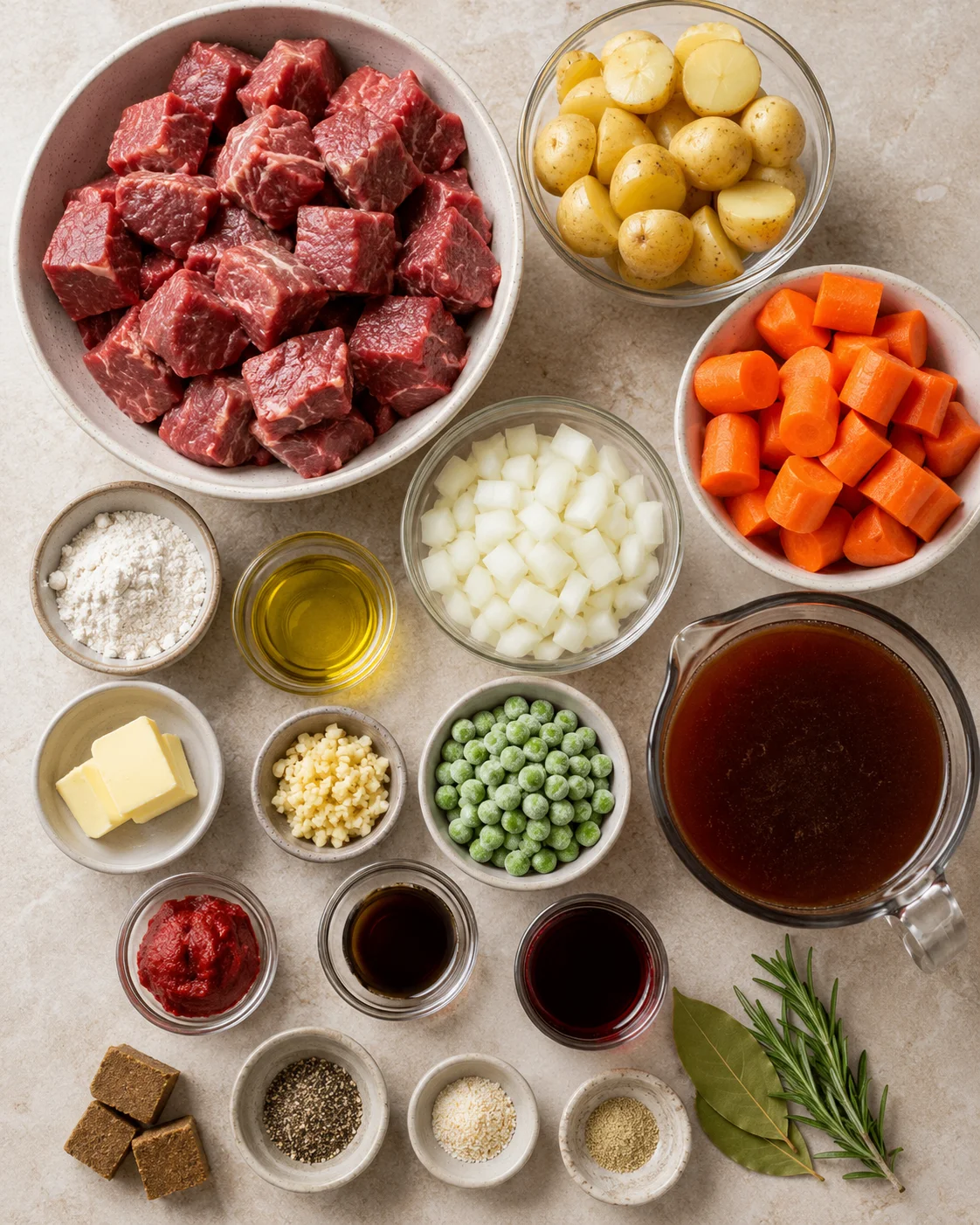 Cubes of beef, potatoes, carrots, onions, peas, and herbs for stew.