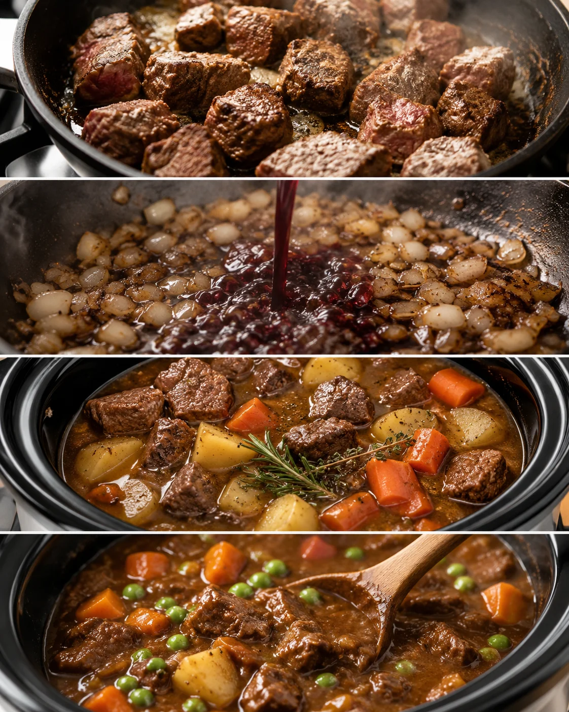 Step-by-step images of making hearty slow cooker beef stew with beef, vegetables, and broth.