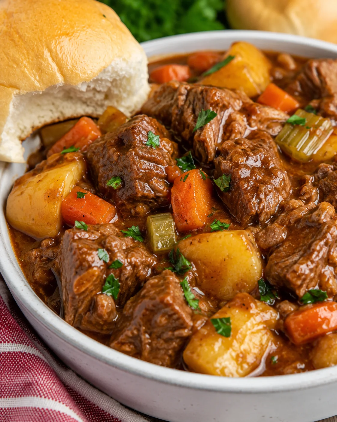 Hearty beef stew with tender meat, carrots, potatoes, and rich gravy in a white bowl
